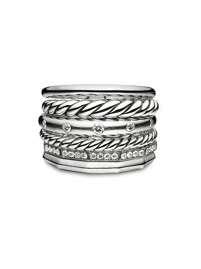 DY STERLING SILVER STAX SIX ROW PAVE DIAMONDS RING