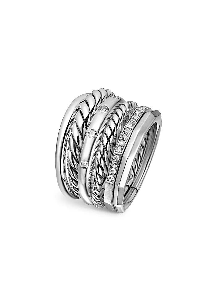 DY STERLING SILVER STAX SIX ROW PAVE DIAMONDS RING