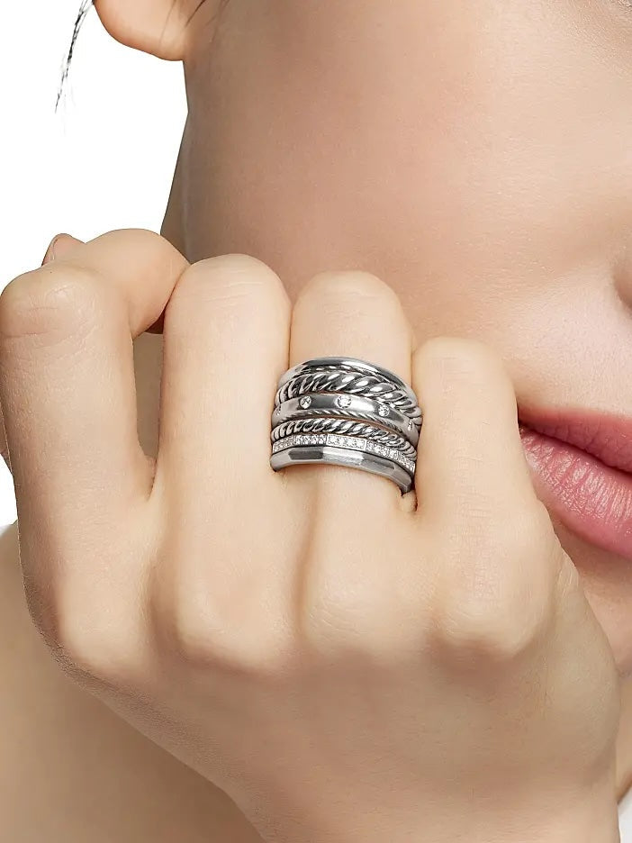 DY STERLING SILVER STAX SIX ROW PAVE DIAMONDS RING