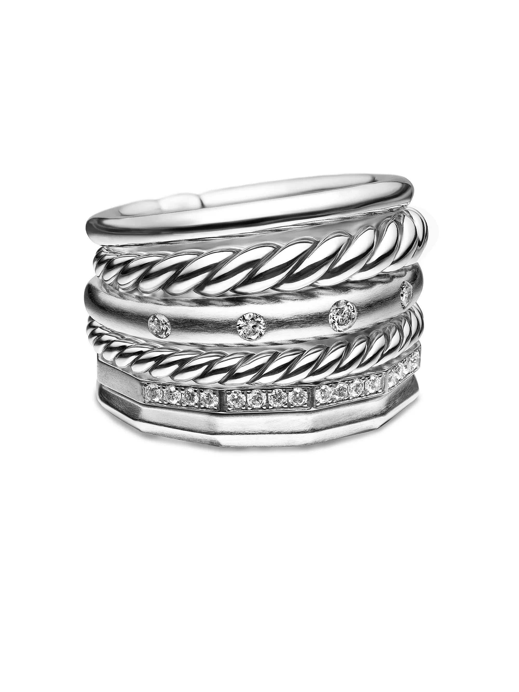 DY STERLING SILVER STAX SIX ROW PAVE DIAMONDS RING