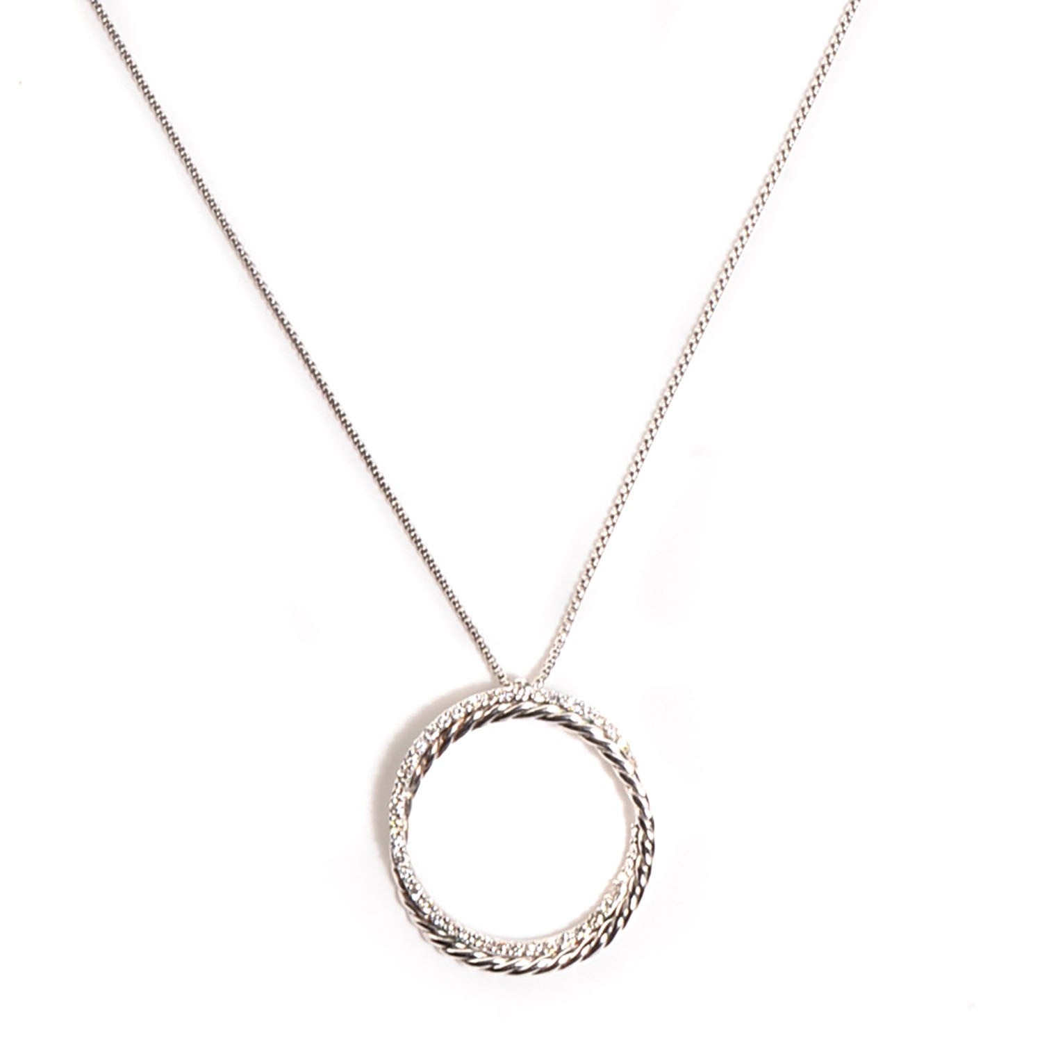 DY STERLING SILVER 14K WHITE GOLD DIAMOND CROSSOVER CIRCLE PENDANT NECKLACE