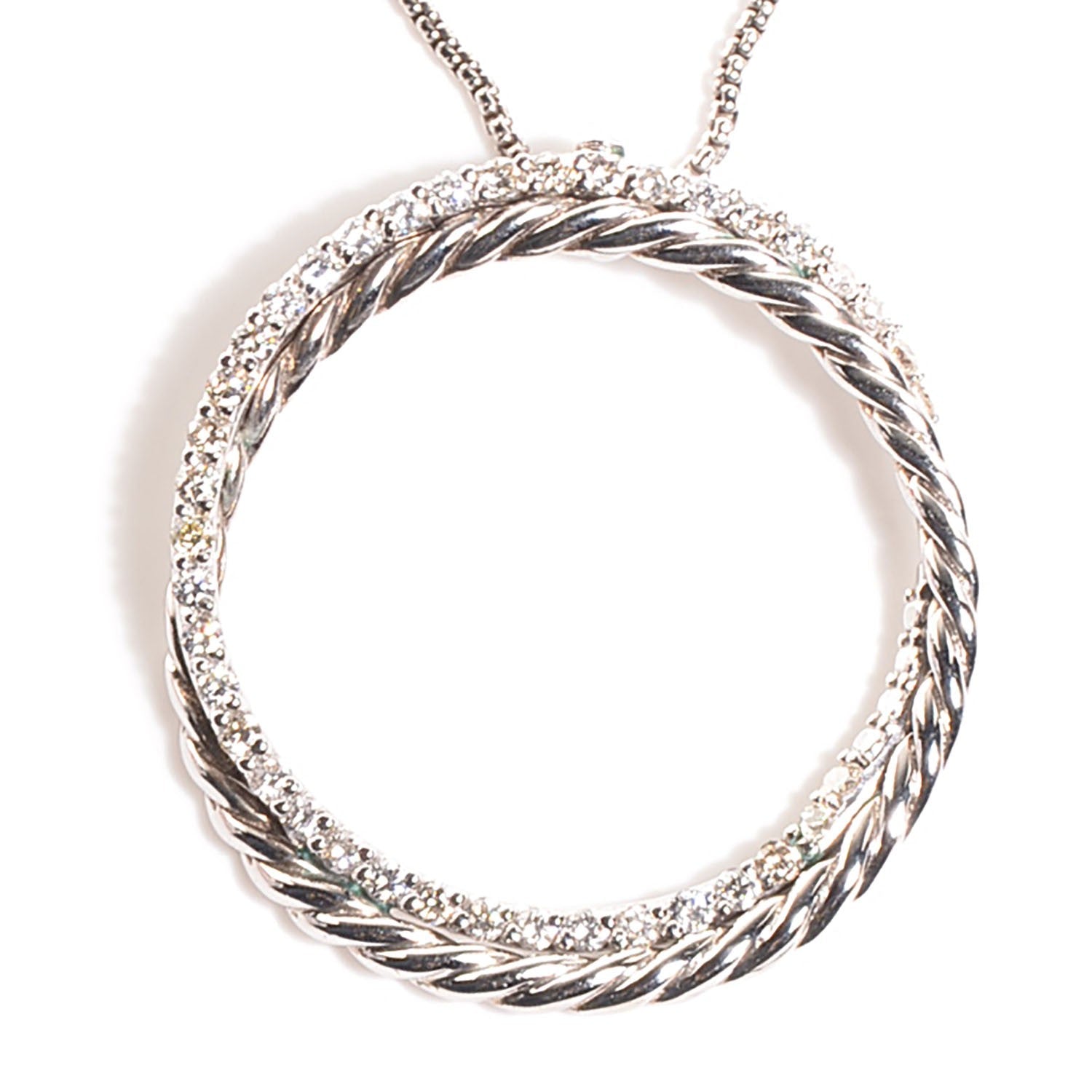 DY STERLING SILVER 14K WHITE GOLD DIAMOND CROSSOVER CIRCLE PENDANT NECKLACE