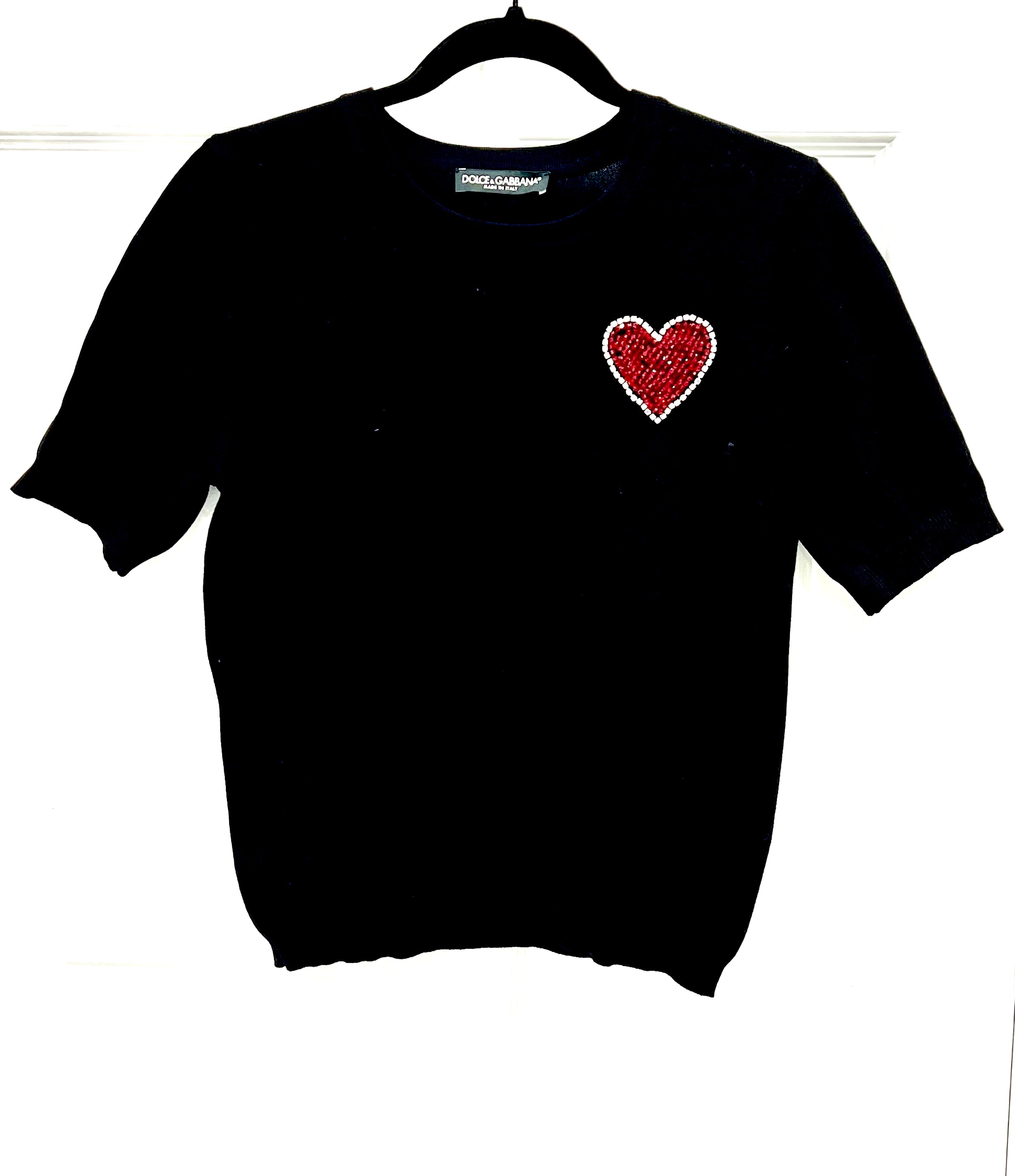 DOLCE & GABBANA CRYSTL HEART SHORT SLEEVE KNIT SWEATER