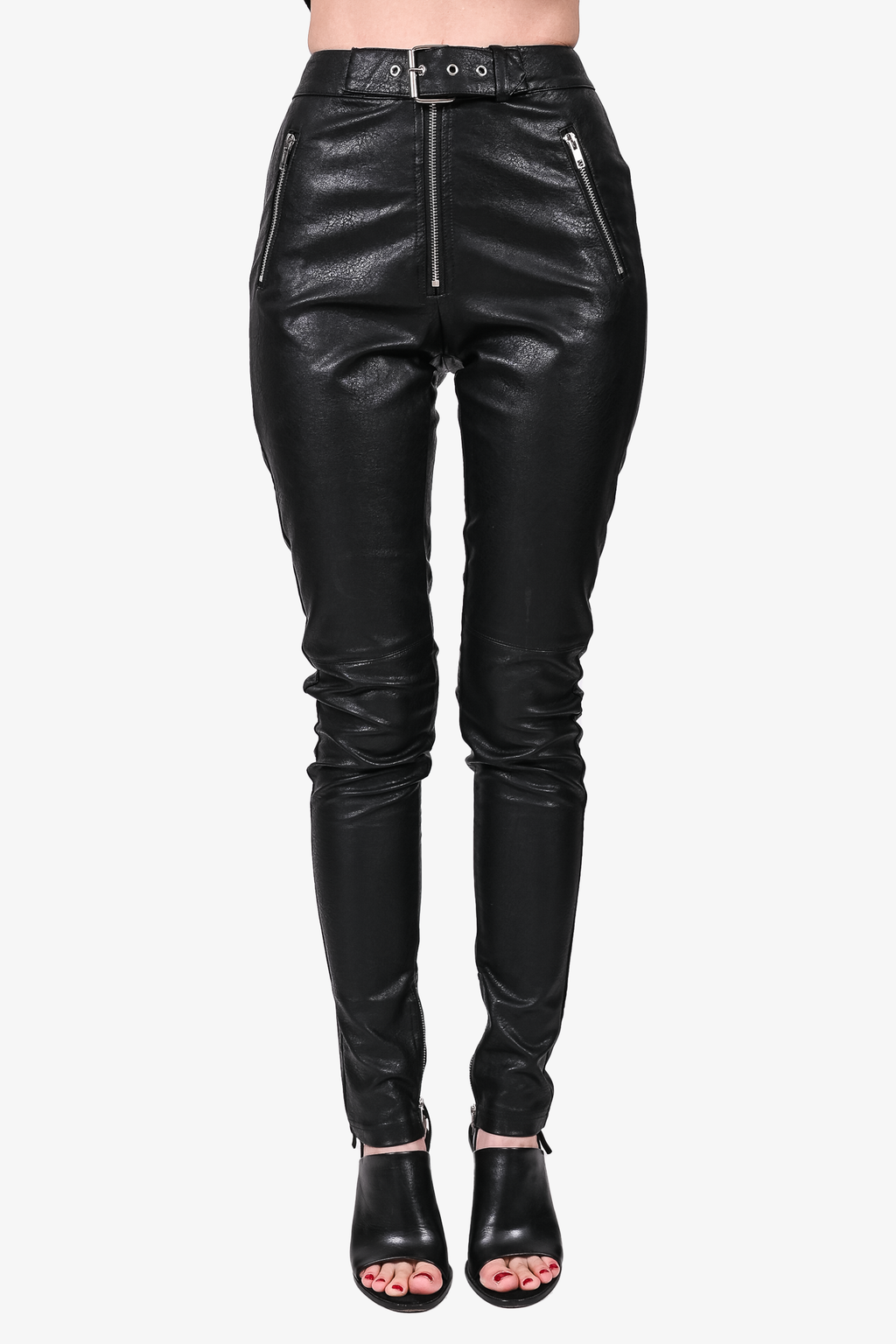 Danielle Guizio Black Faux Leather Belted Pants Size S