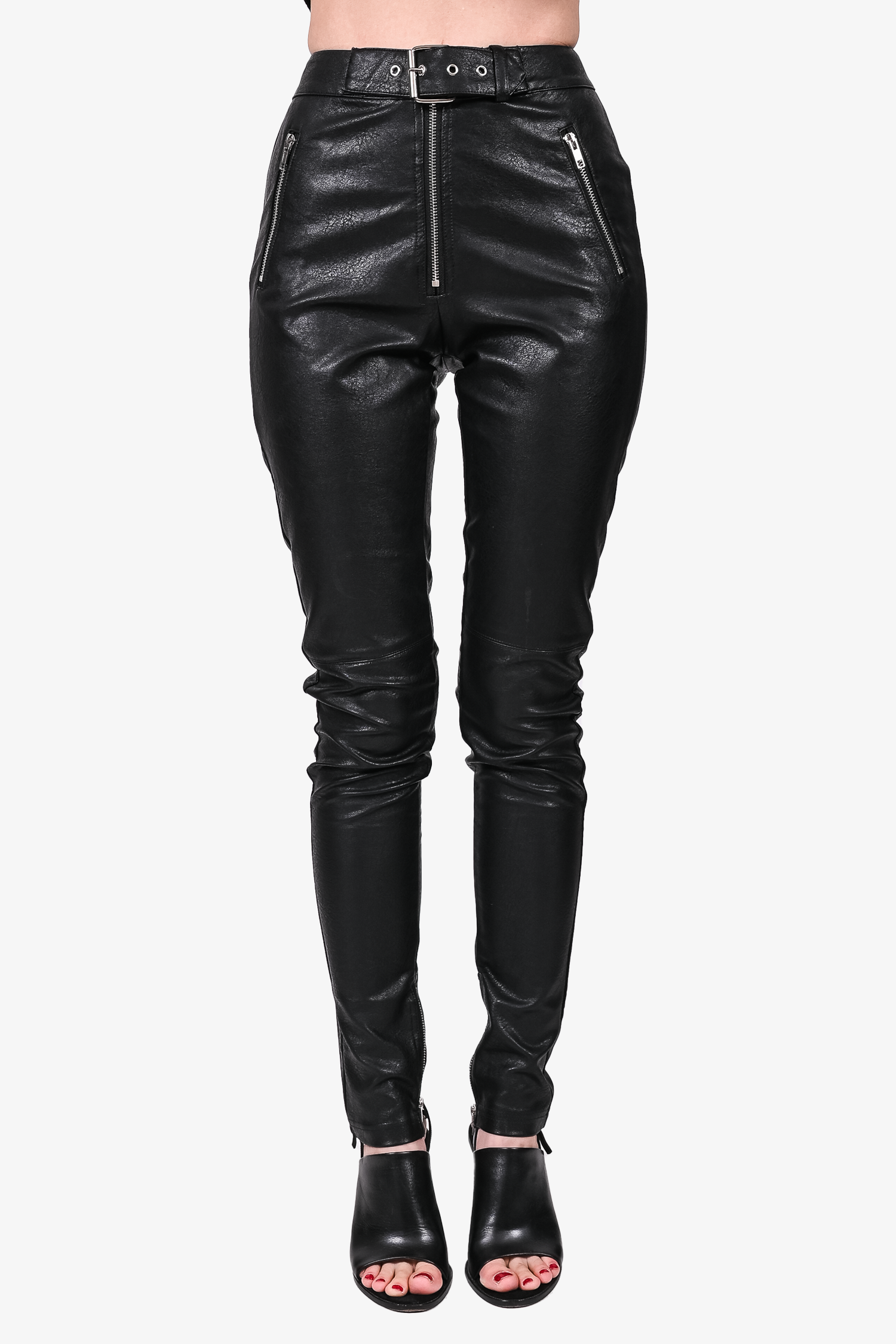 Danielle Guizio Black Faux Leather Belted Pants Size S