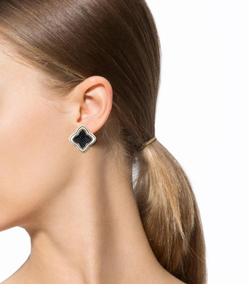 DY STERLING SILVER 18K GOLD BLACK ONYX QUATREFOIL EARRINGS