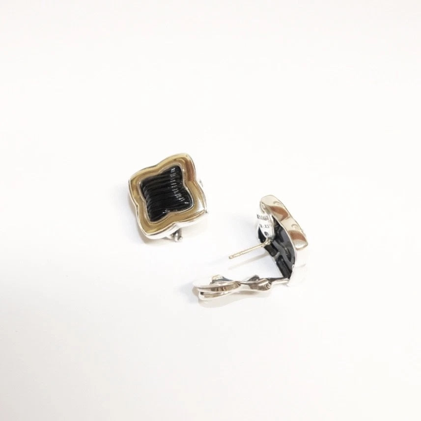 DY STERLING SILVER 18K GOLD BLACK ONYX QUATREFOIL EARRINGS