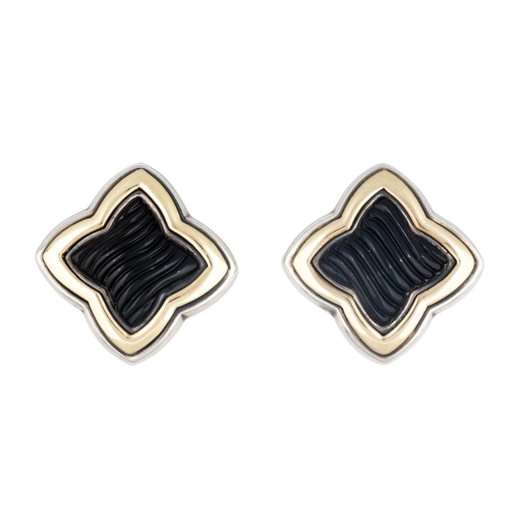DY STERLING SILVER 18K GOLD BLACK ONYX QUATREFOIL EARRINGS