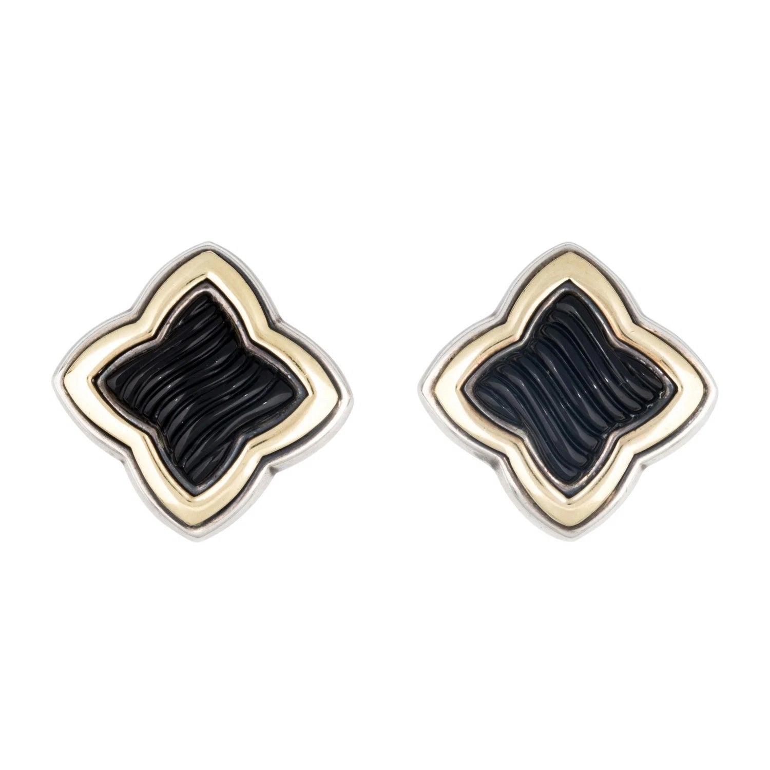 DY STERLING SILVER 18K GOLD BLACK ONYX QUATREFOIL EARRINGS