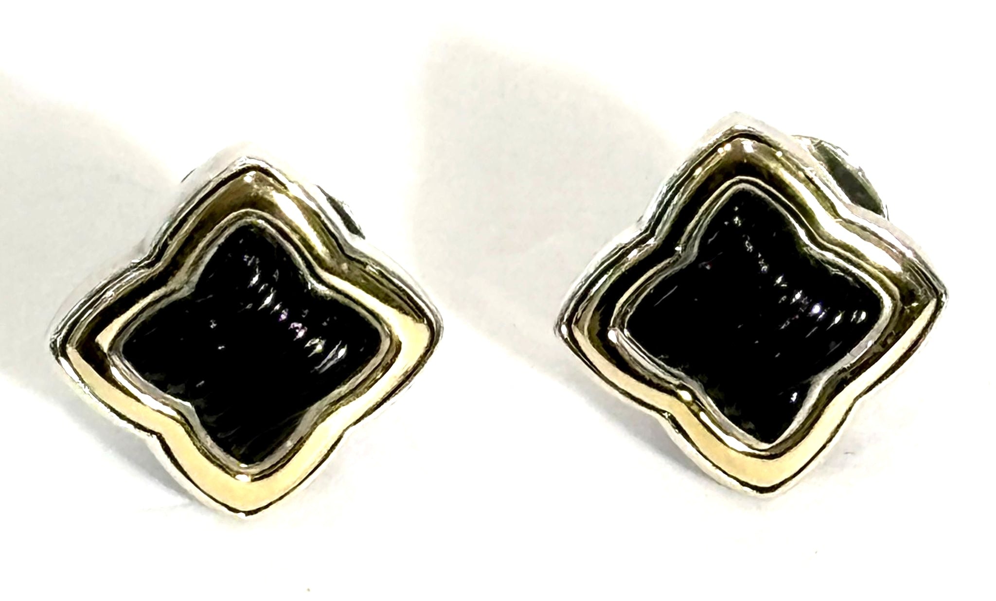 DY STERLING SILVER 18K GOLD BLACK ONYX QUATREFOIL EARRINGS