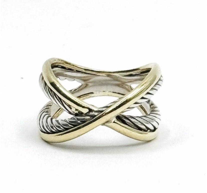 DY STERLING SILVER 18K GOLD CABEL CROSSOVER RING