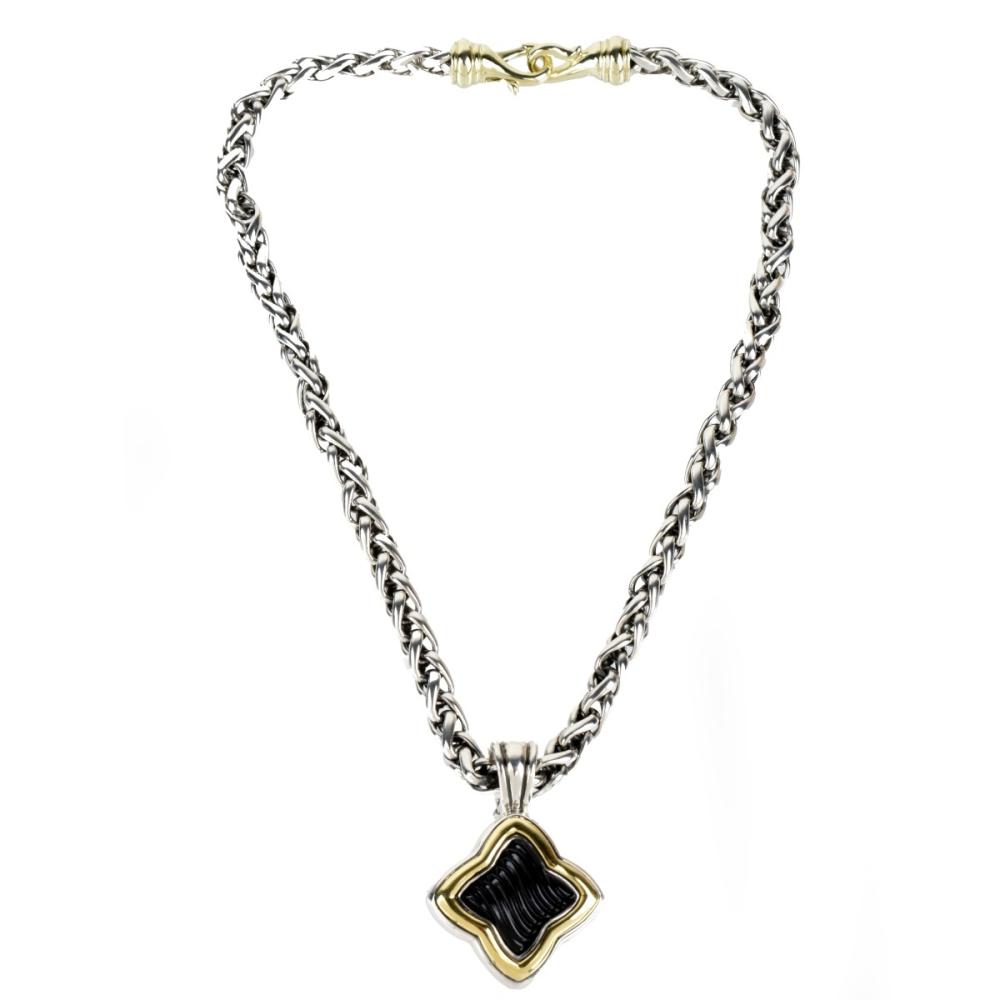 DY STERLING SILVER 18K GOLD ONYX QUATERFOIL ENHANCER CHARM PENDANT