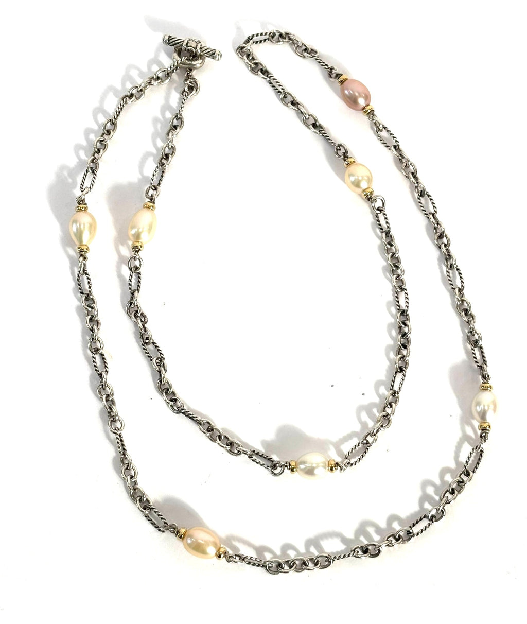 DY STERLING SILVER 18K GOLD PEARL FIGARO CHAIN NECKLACE