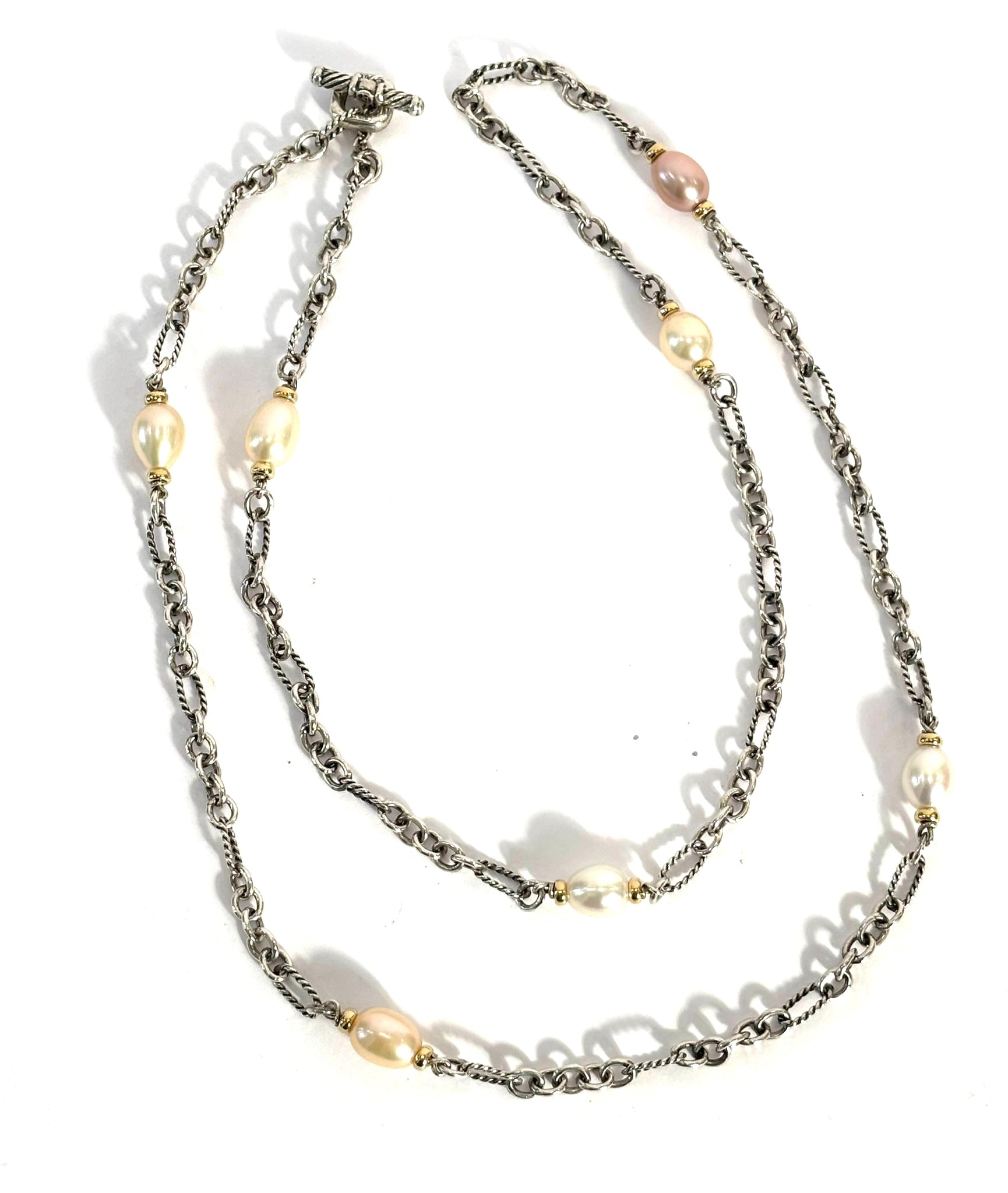 DY STERLING SILVER 18K GOLD PEARL FIGARO CHAIN NECKLACE