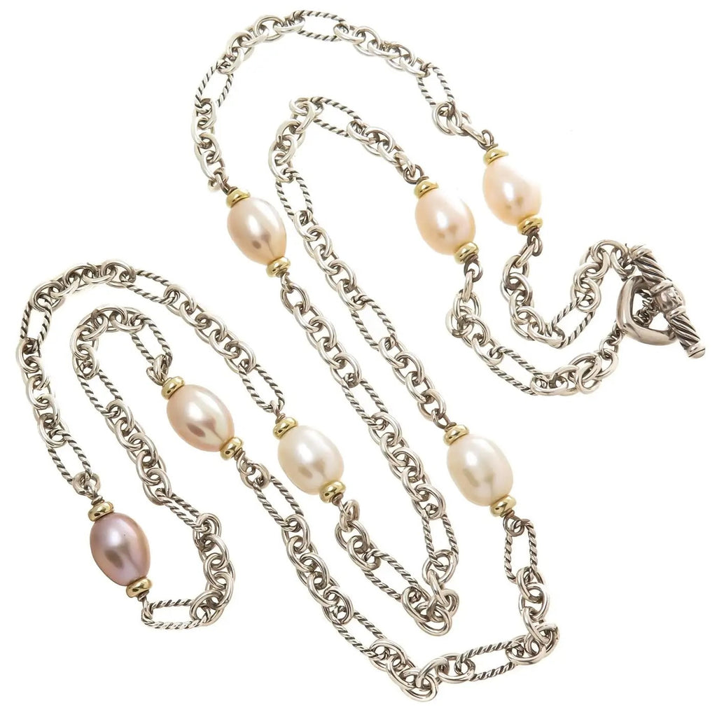 DY STERLING SILVER 18K GOLD PEARL FIGARO CHAIN NECKLACE