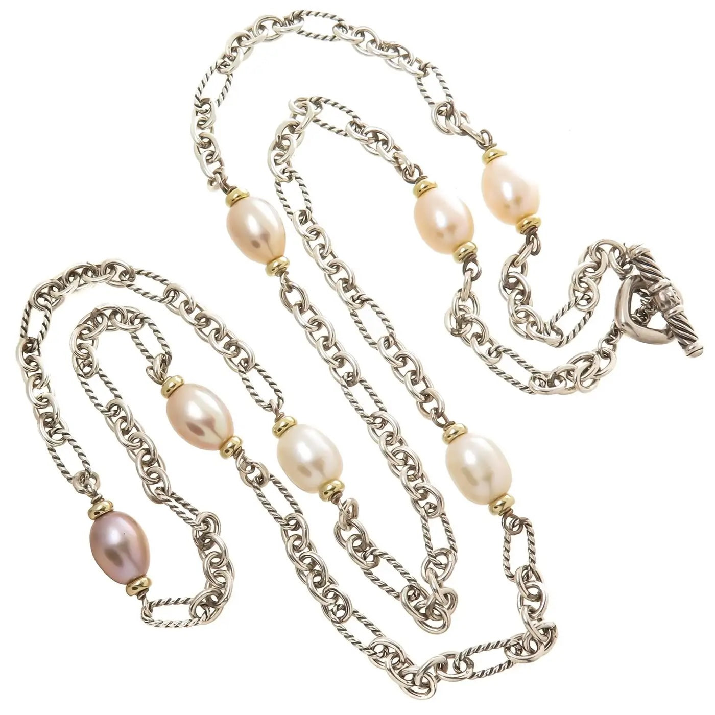 DY STERLING SILVER 18K GOLD PEARL FIGARO CHAIN NECKLACE