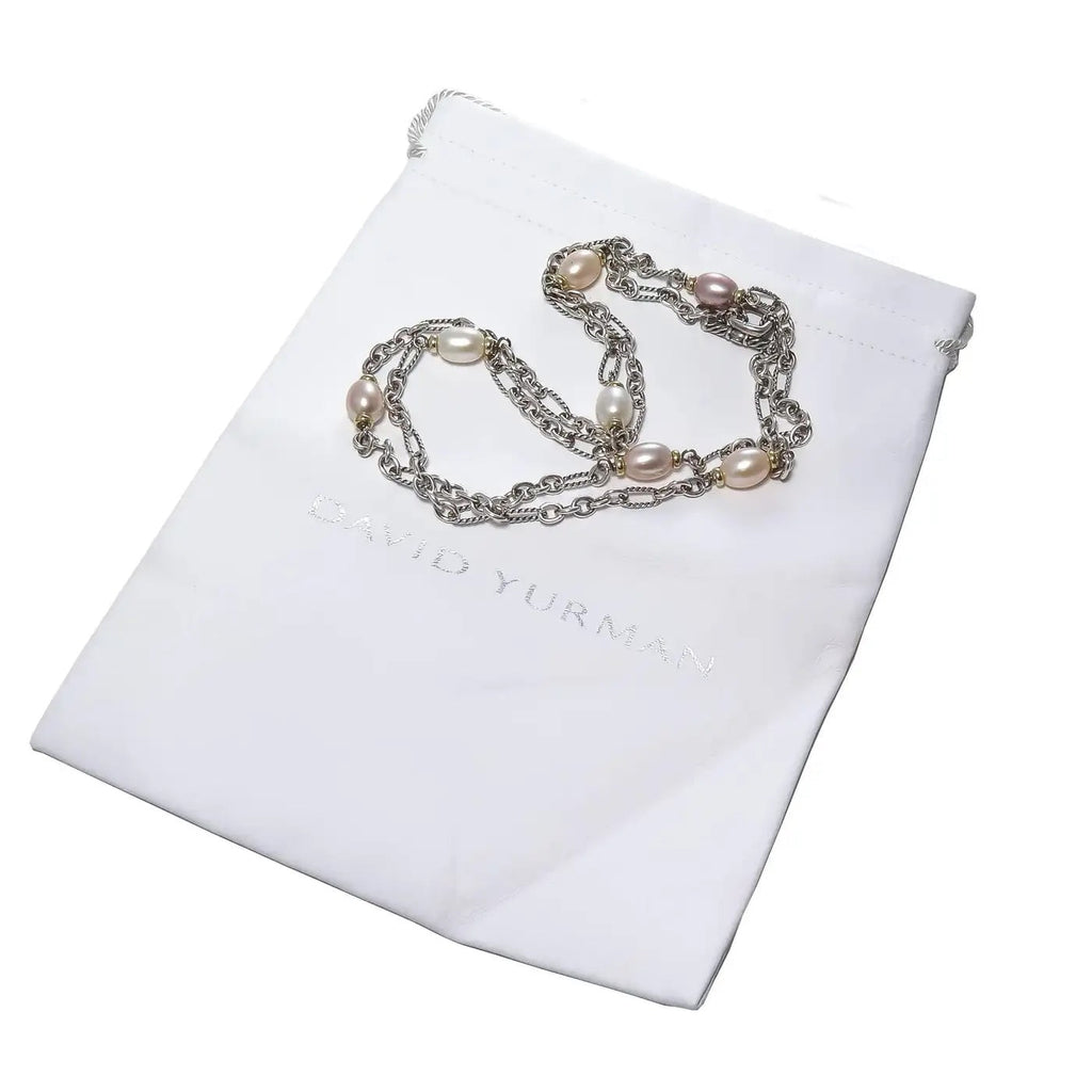 DY STERLING SILVER 18K GOLD PEARL FIGARO CHAIN NECKLACE