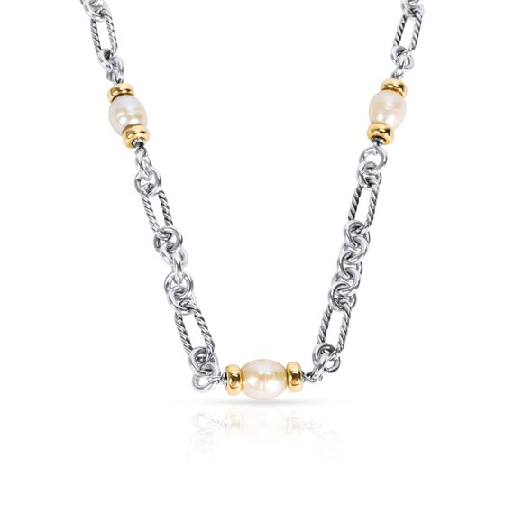 DY STERLING SILVER 18K GOLD PEARL FIGARO CHAIN NECKLACE