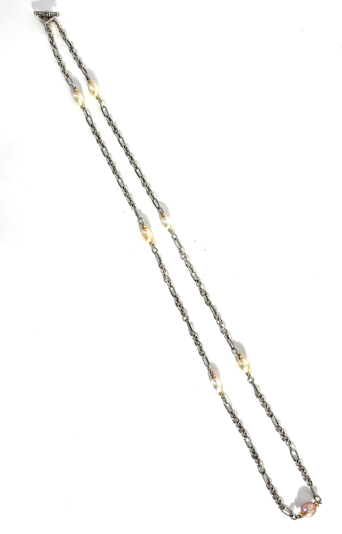DY STERLING SILVER 18K GOLD PEARL FIGARO CHAIN NECKLACE