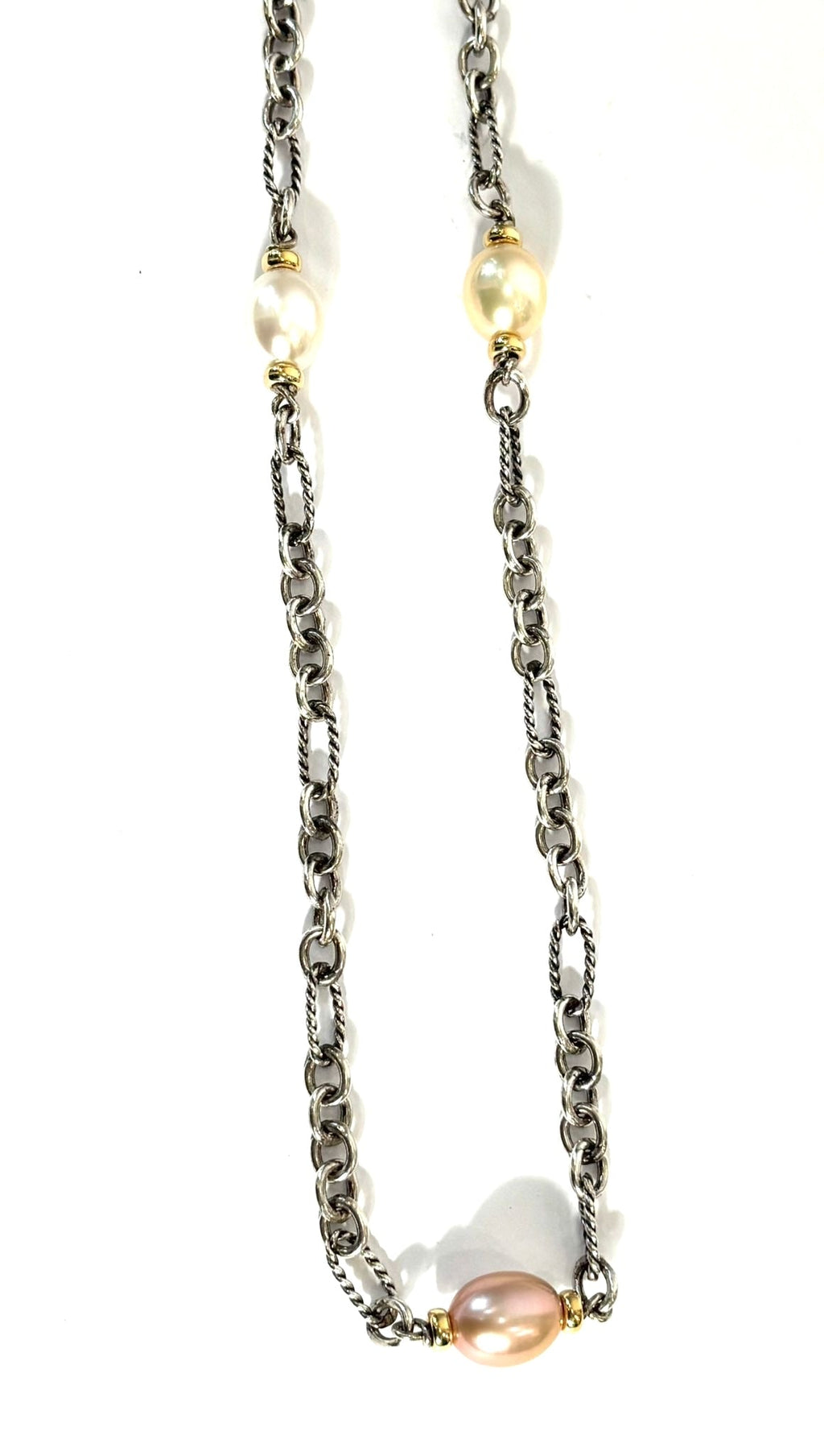 DY STERLING SILVER 18K GOLD PEARL FIGARO CHAIN NECKLACE