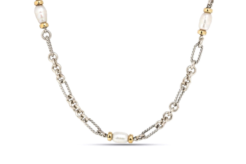 DY STERLING SILVER 18K GOLD PEARL FIGARO CHAIN NECKLACE