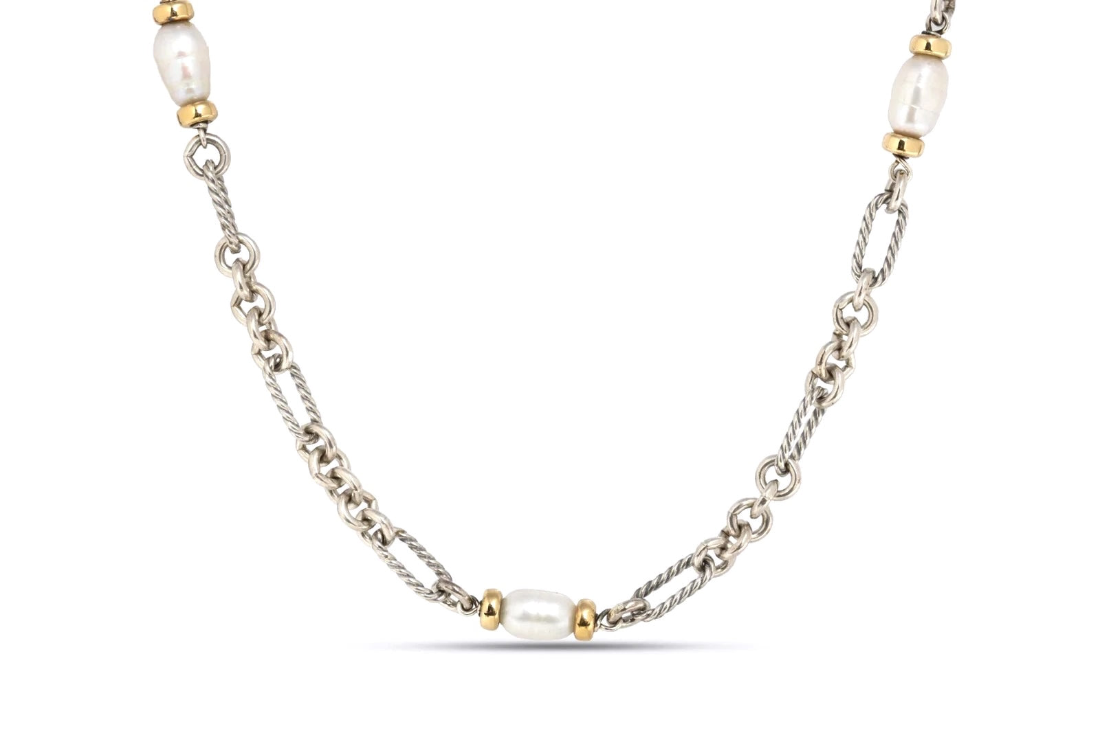 DY STERLING SILVER 18K GOLD PEARL FIGARO CHAIN NECKLACE