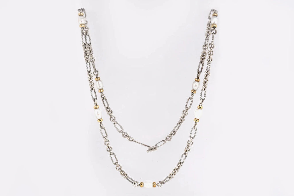 DY STERLING SILVER 18K GOLD PEARL FIGARO CHAIN NECKLACE
