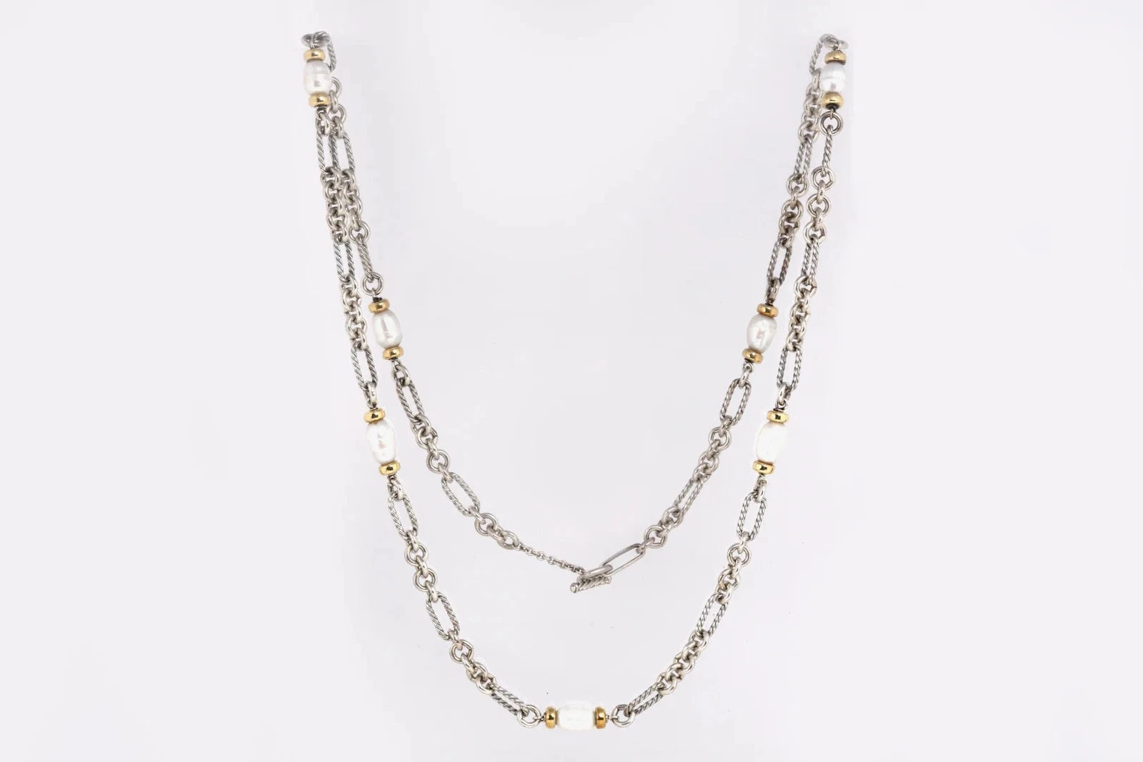 DY STERLING SILVER 18K GOLD PEARL FIGARO CHAIN NECKLACE