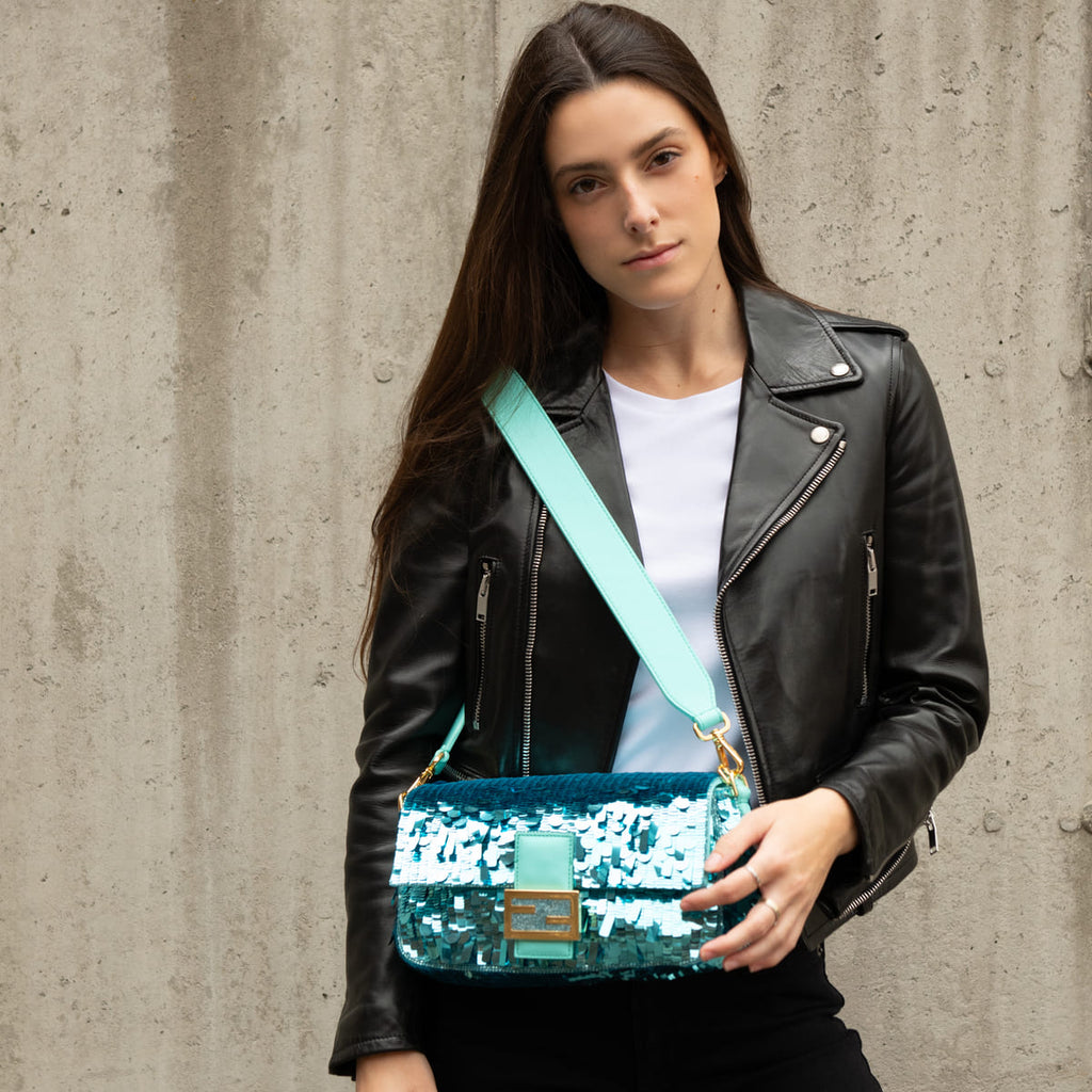 Fendi Blue Sequin Paillettes Vitello Grace Re-Edition Baguette