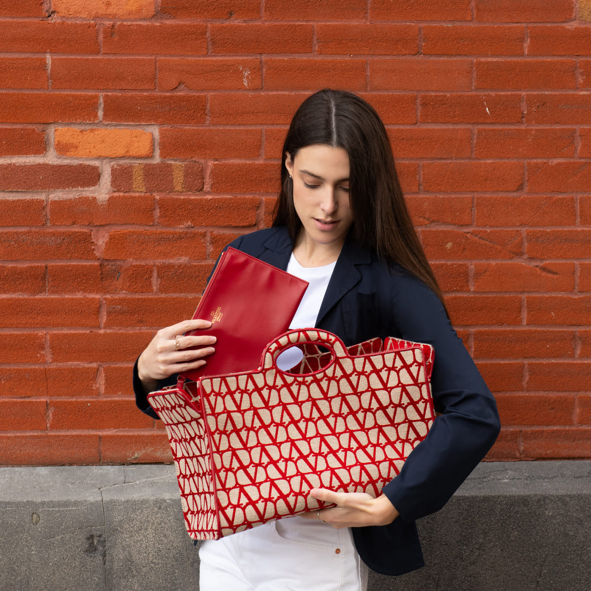 Valentino Beige & Red Le Troisieme Toile Iconographe Tote