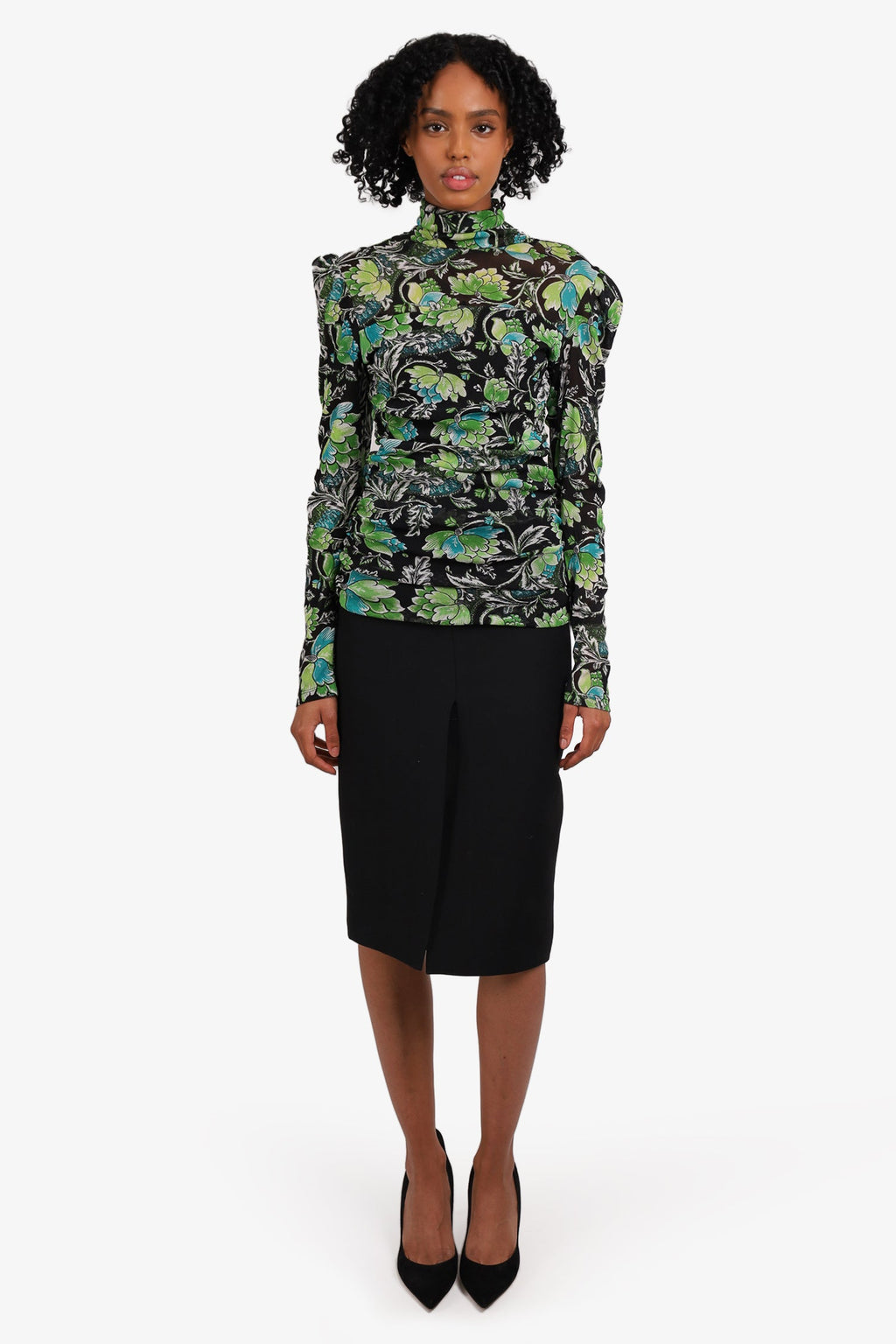 Diane von Furstenberg Green/Black Floral Print Twisted Top Size L