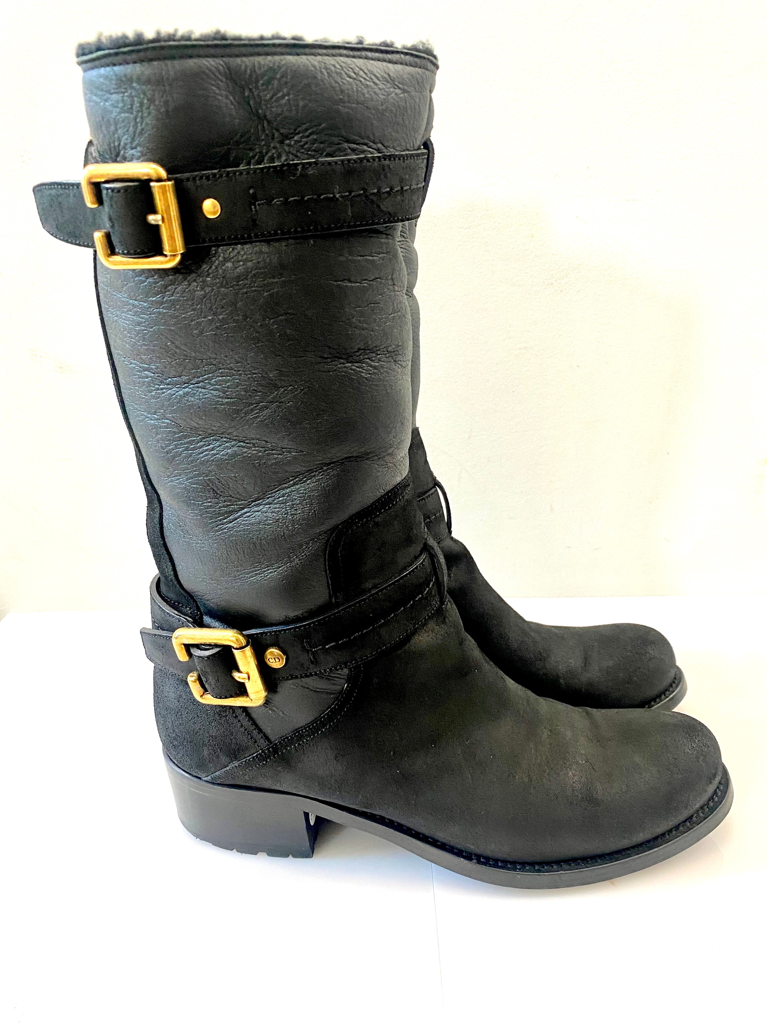 DIOR NUBUCK AND LEATHER BUCKLE STRAP MID CALF BOOTS