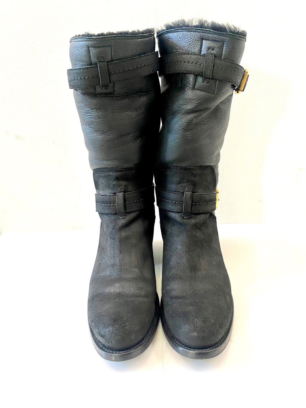 DIOR NUBUCK AND LEATHER BUCKLE STRAP MID CALF BOOTS