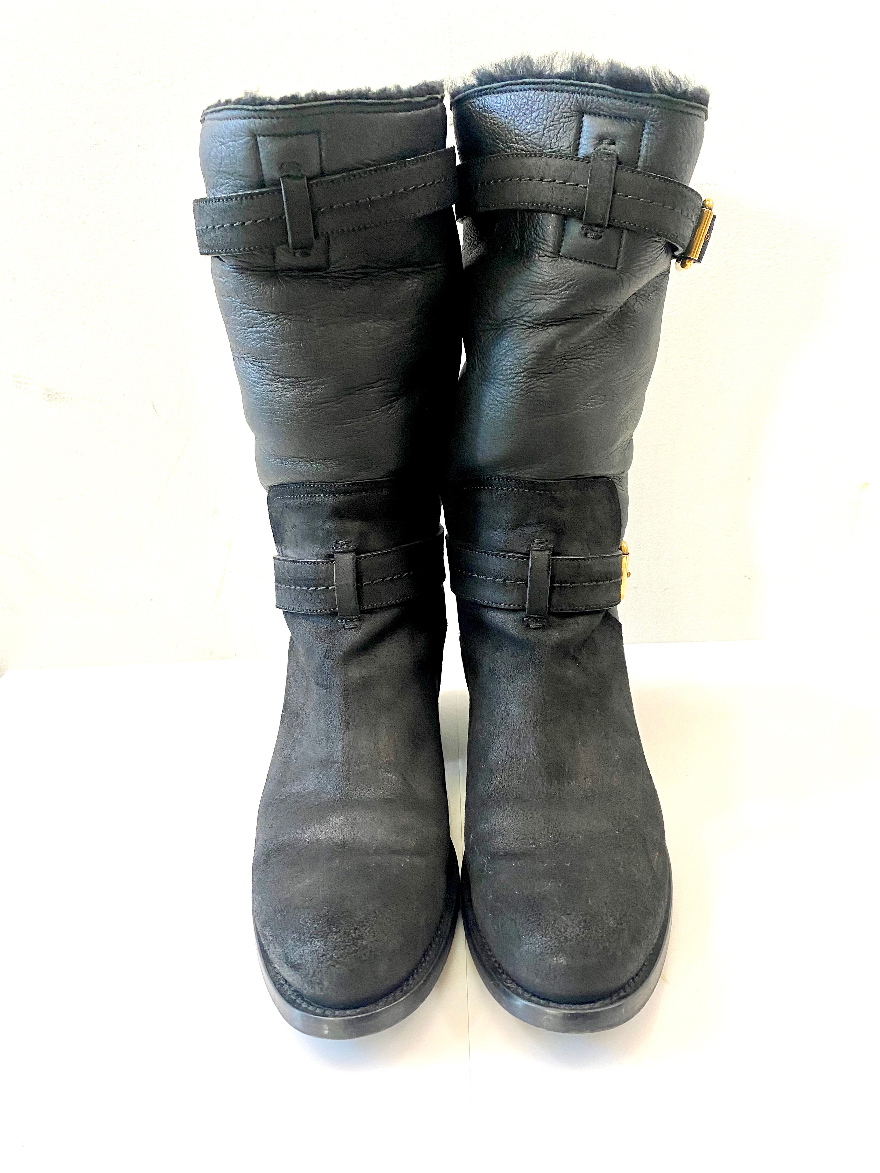 DIOR NUBUCK AND LEATHER BUCKLE STRAP MID CALF BOOTS