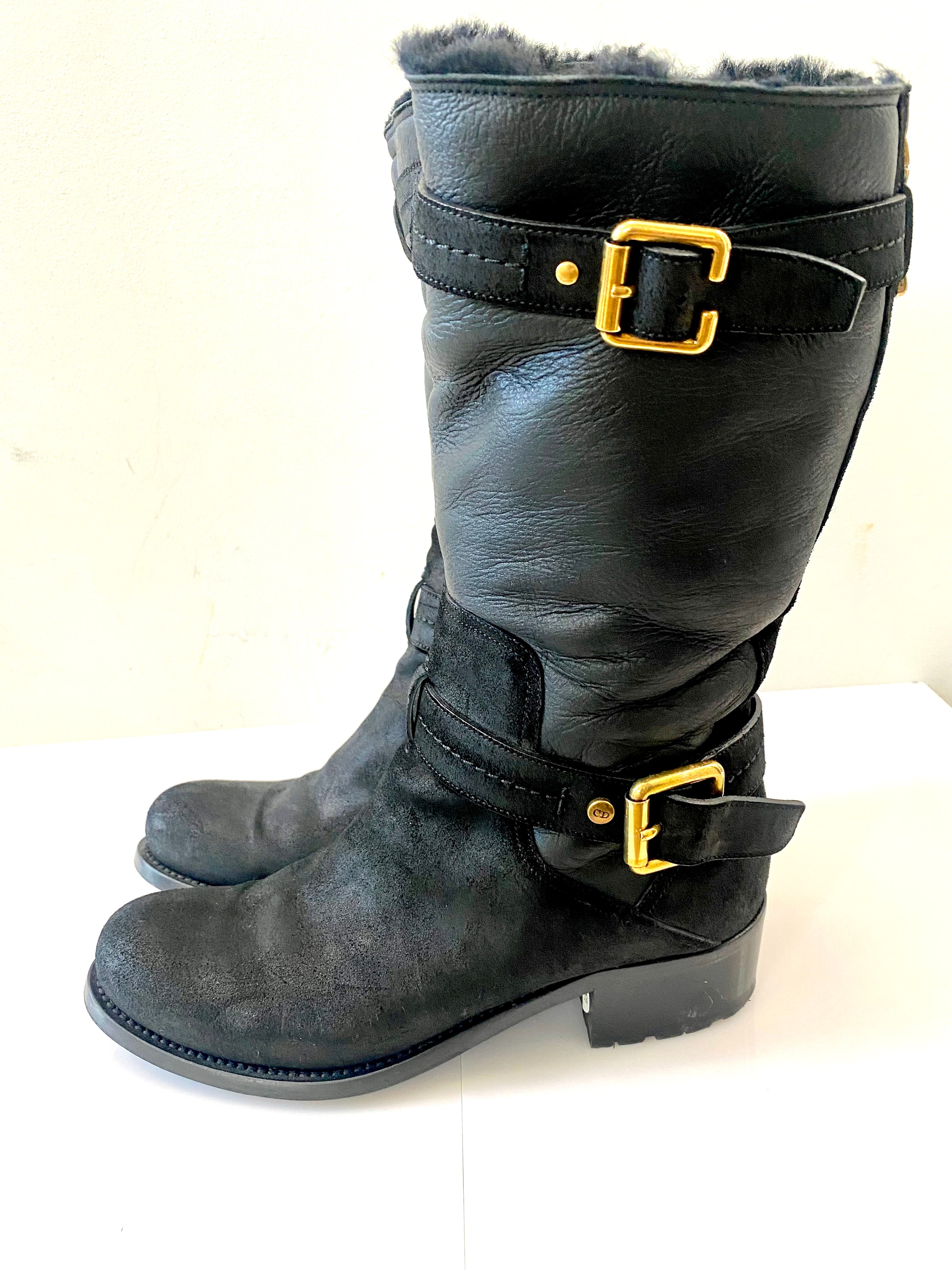 DIOR NUBUCK AND LEATHER BUCKLE STRAP MID CALF BOOTS