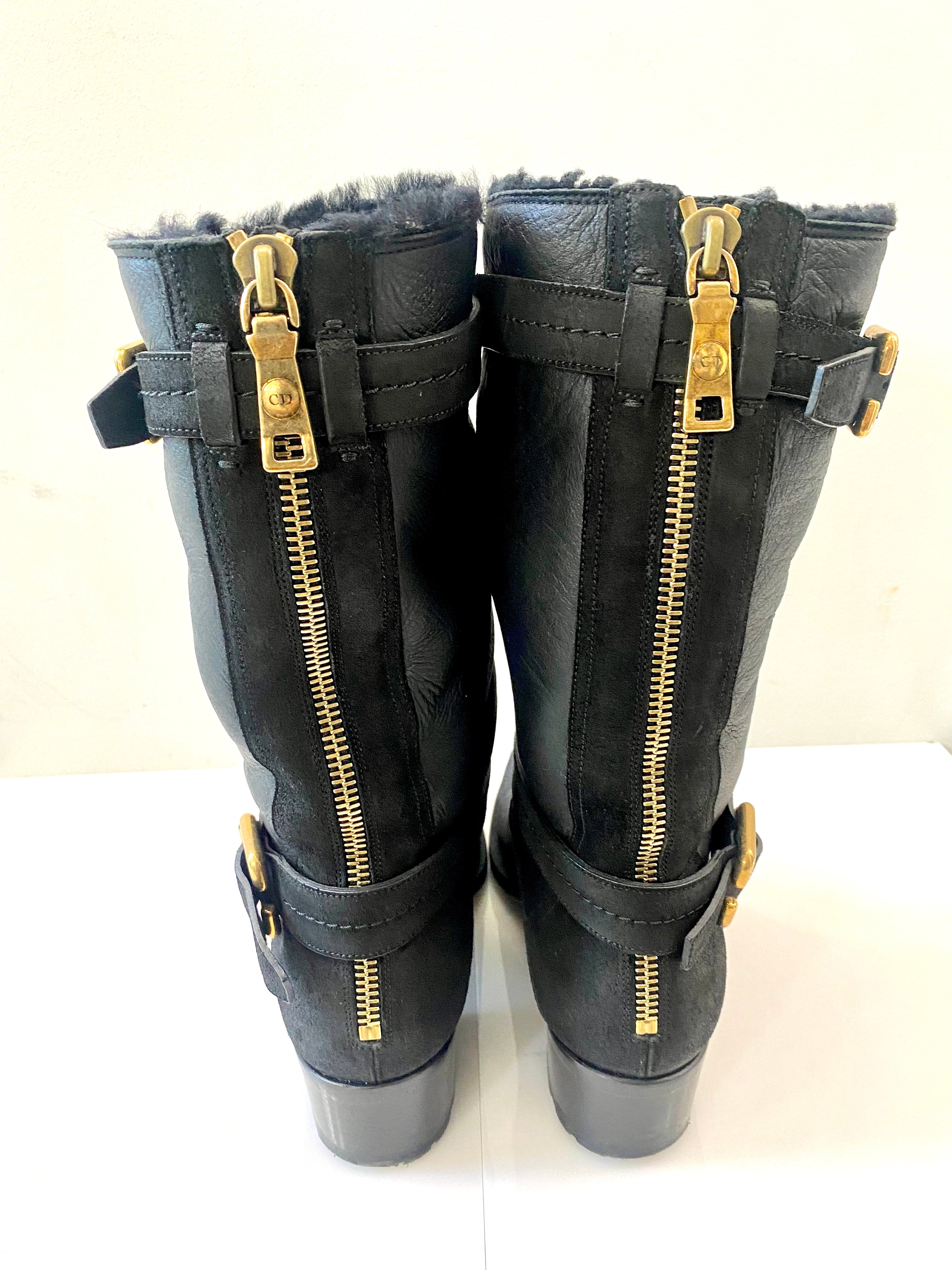 DIOR NUBUCK AND LEATHER BUCKLE STRAP MID CALF BOOTS
