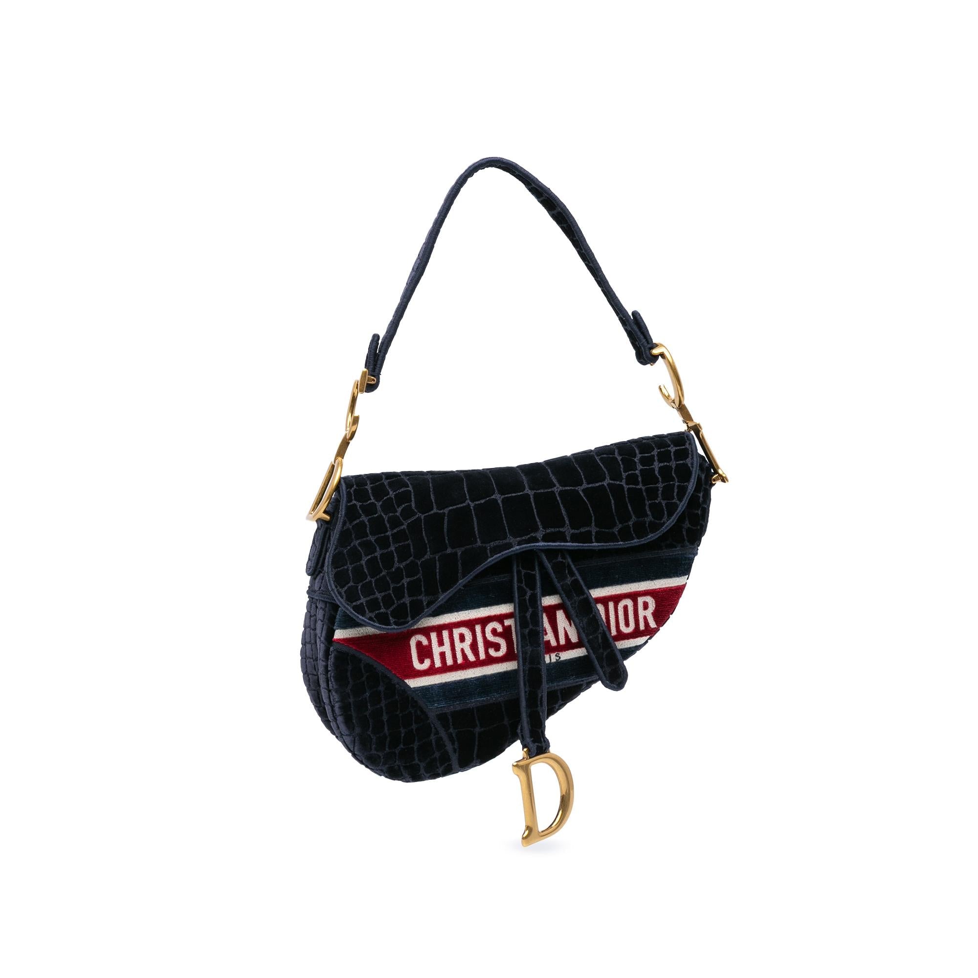 Dior Velvet Embroidered Crocodile Effect Saddle Bag
