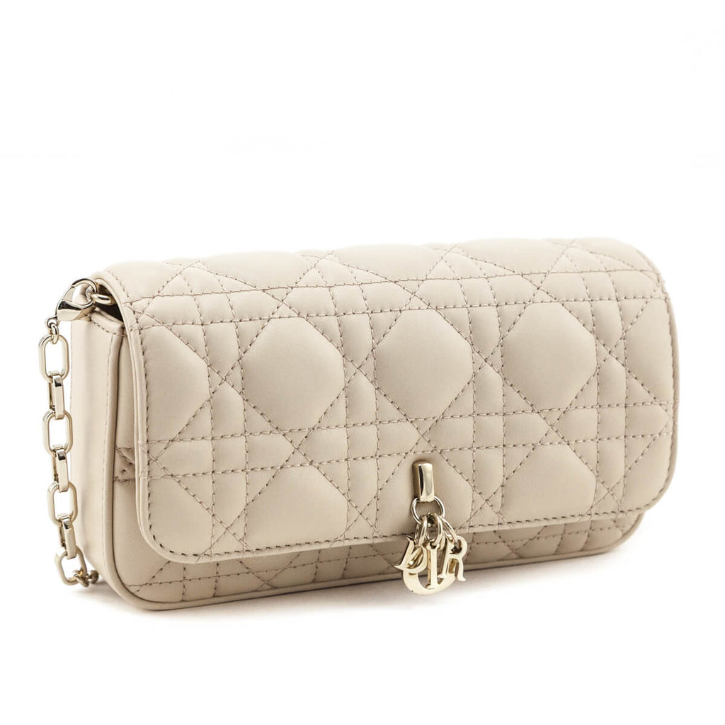 Dior Beige Calfskin Cannage Lady Dior Talk Phone Pouch