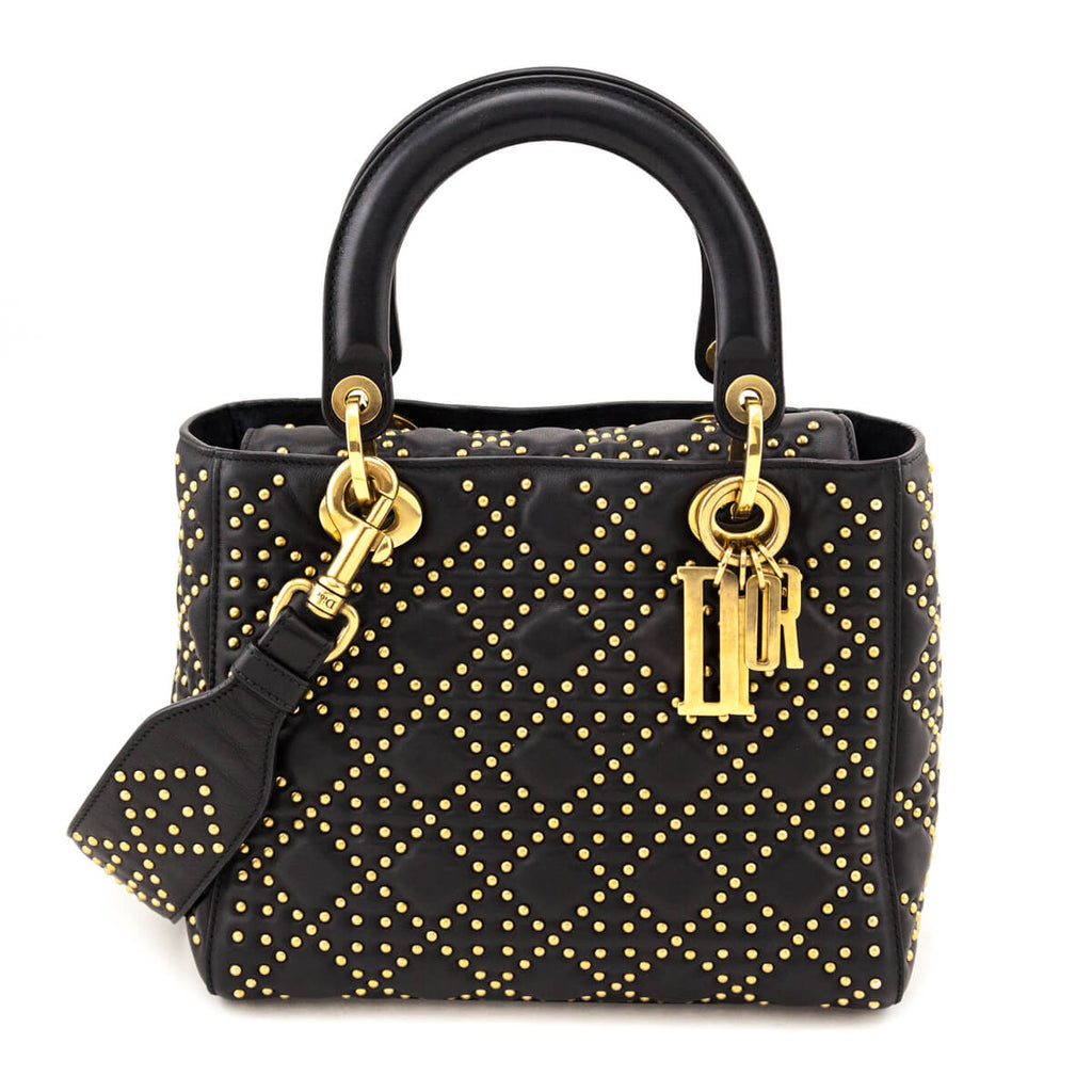 Dior Black Calfskin Studded Cannage Medium Supple Lady Dior