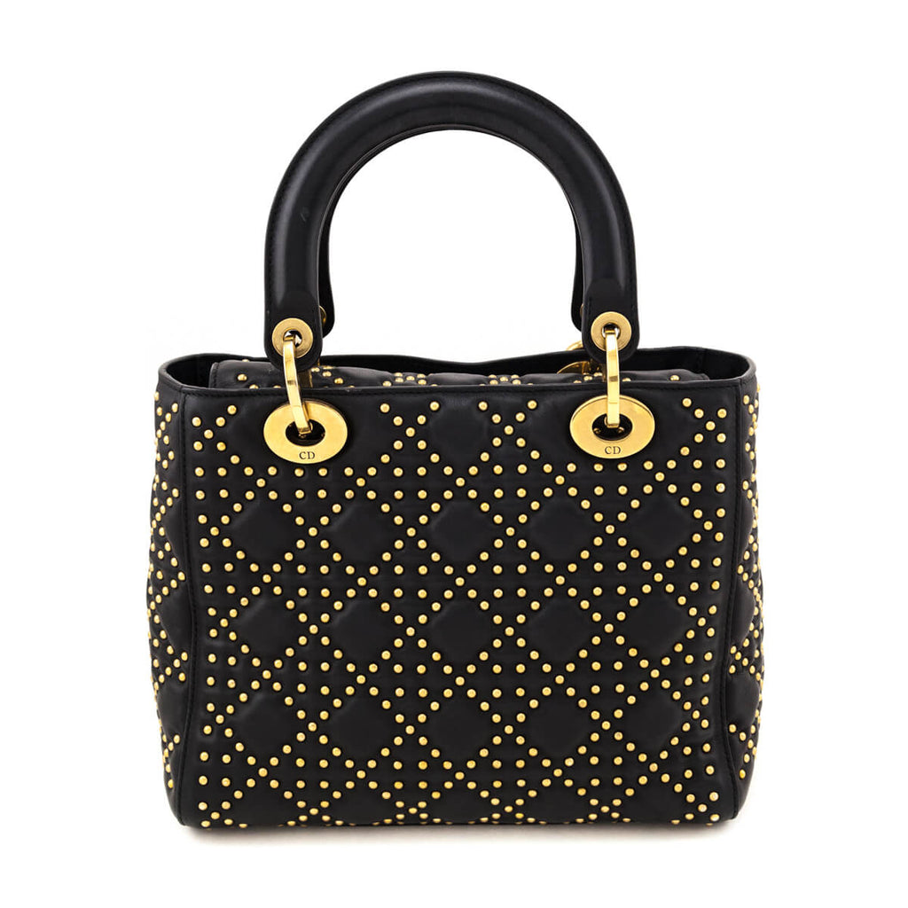 Dior Black Calfskin Studded Cannage Medium Supple Lady Dior