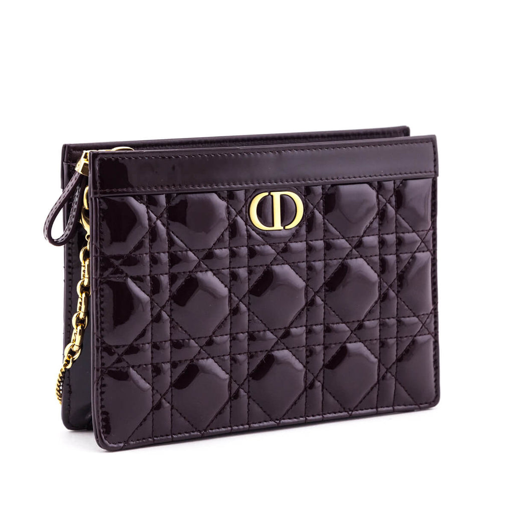 Dior Burgundy Patent Quilted Cannage Caro Zipped Pouch With Chain