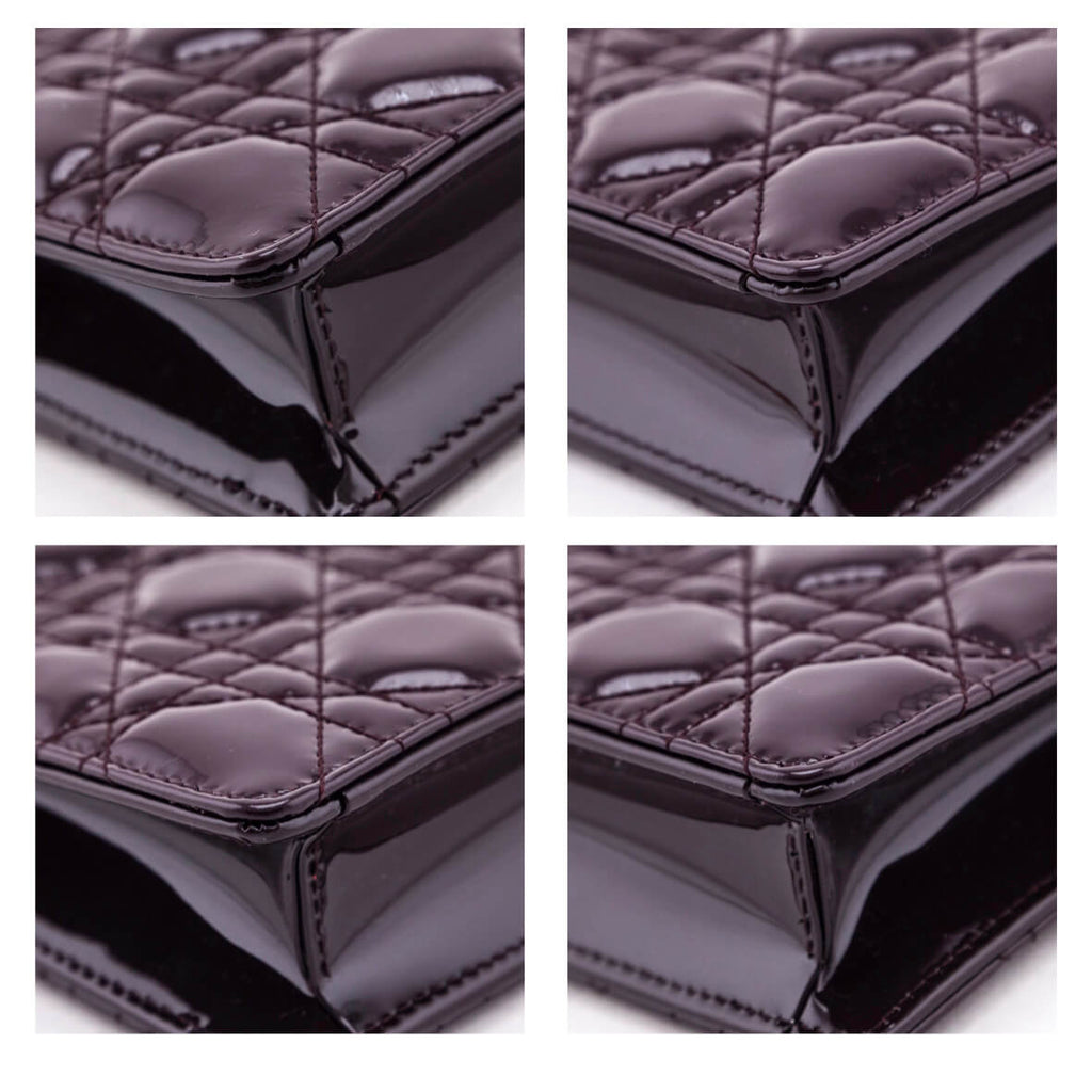 Dior Burgundy Patent Quilted Cannage Caro Zipped Pouch With Chain