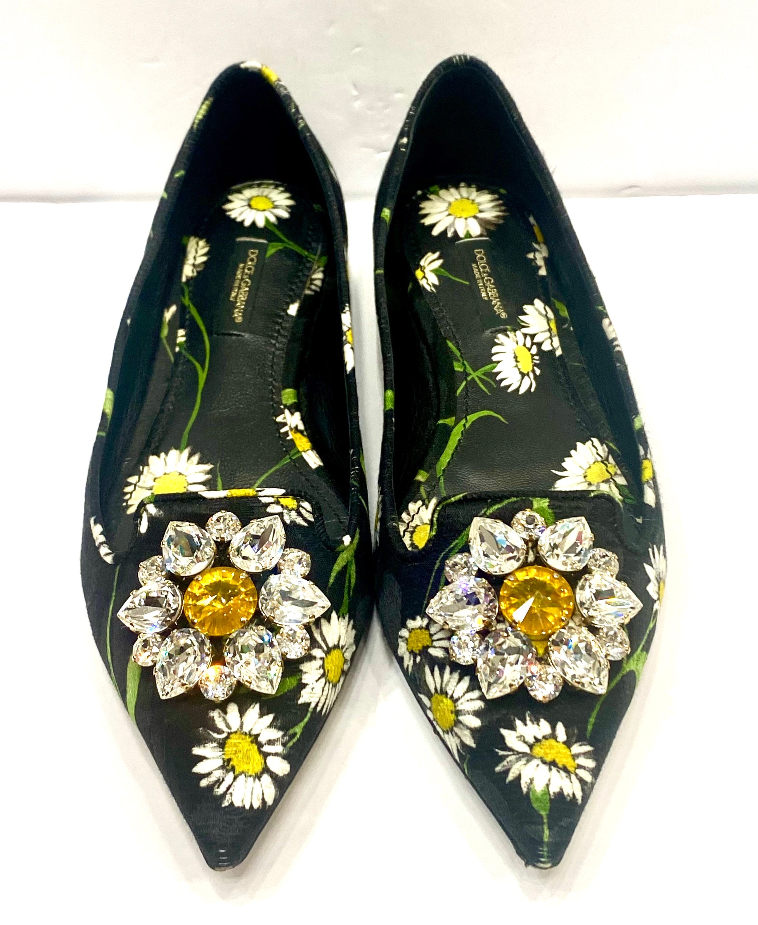 DOLCE & GABBANA FLORAL PRINT BROCADE CRYSTAL EMBELLISHED FLATS