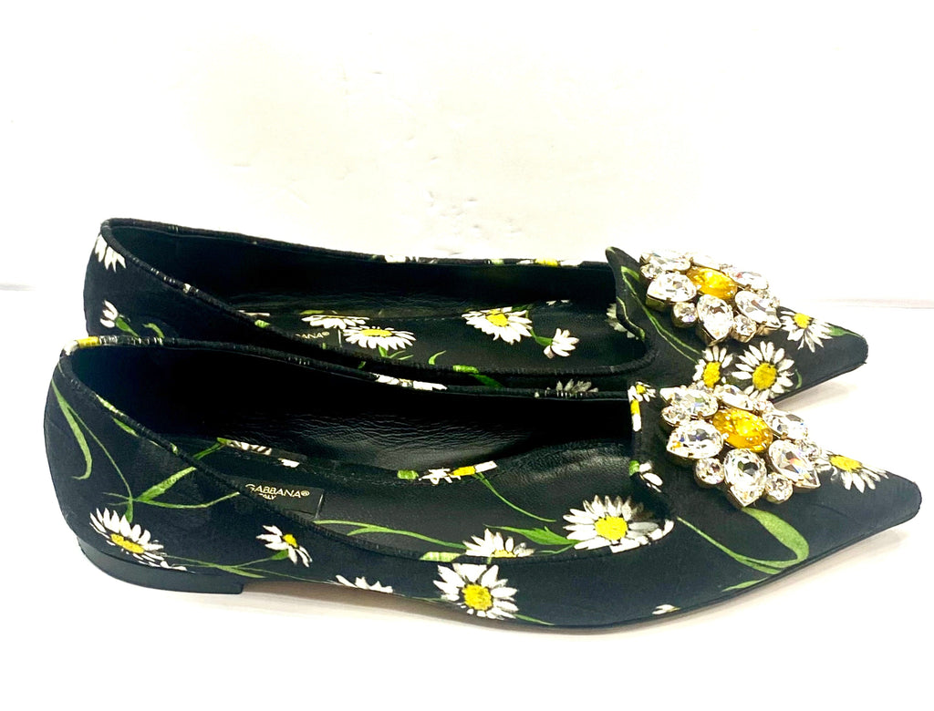 DOLCE & GABBANA FLORAL PRINT BROCADE CRYSTAL EMBELLISHED FLATS
