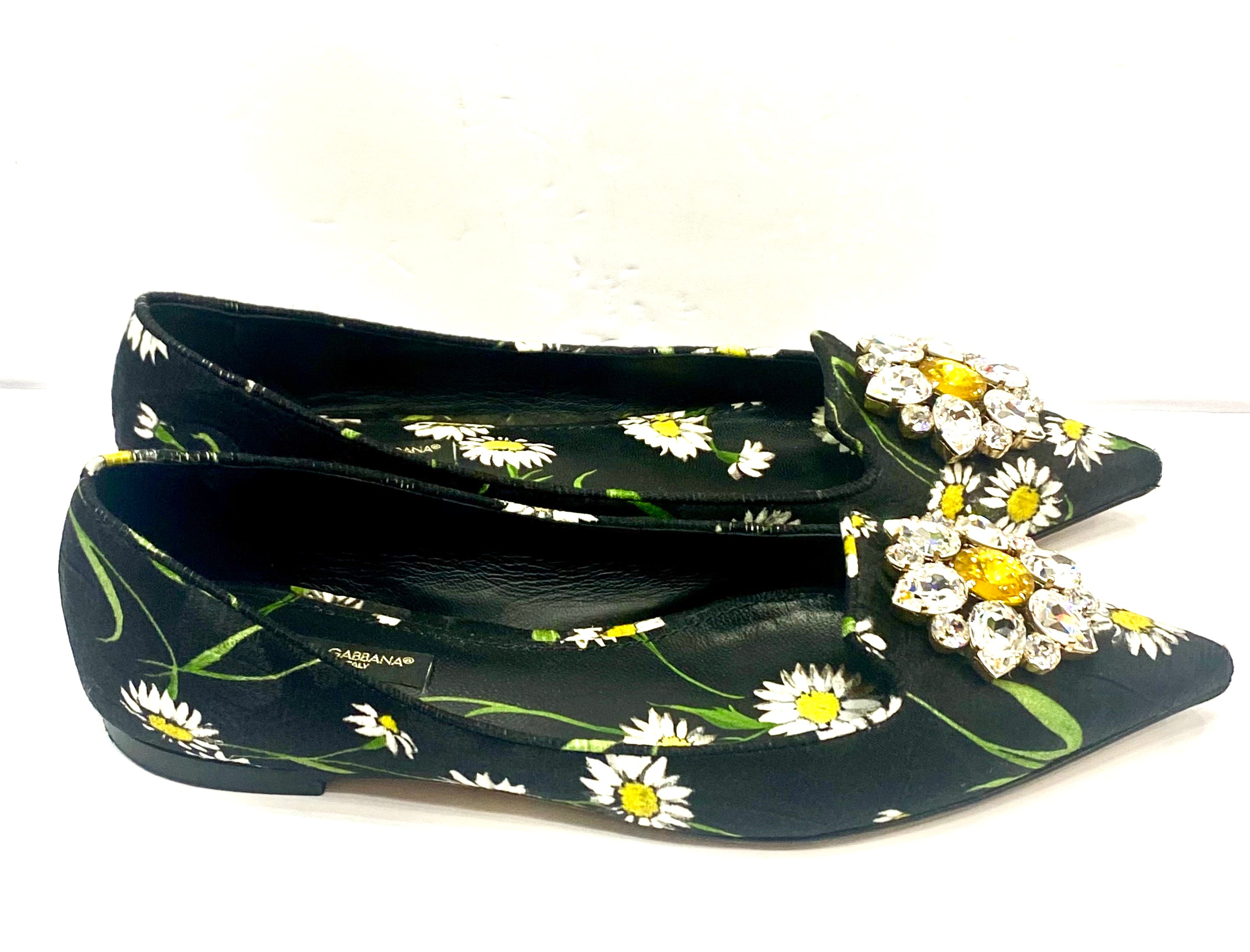 DOLCE & GABBANA FLORAL PRINT BROCADE CRYSTAL EMBELLISHED FLATS