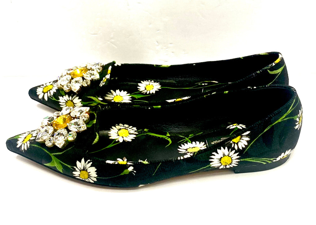 DOLCE & GABBANA FLORAL PRINT BROCADE CRYSTAL EMBELLISHED FLATS