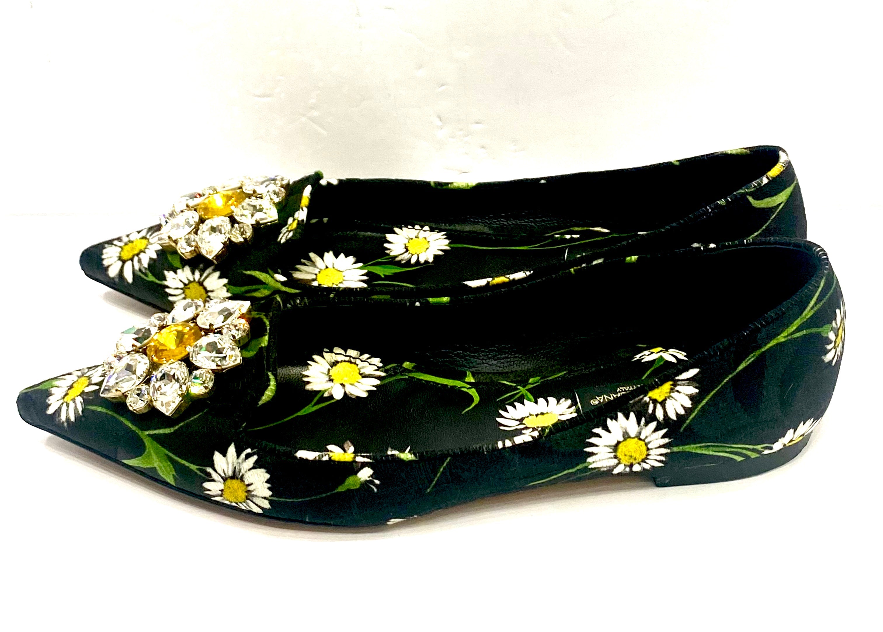 DOLCE & GABBANA FLORAL PRINT BROCADE CRYSTAL EMBELLISHED FLATS