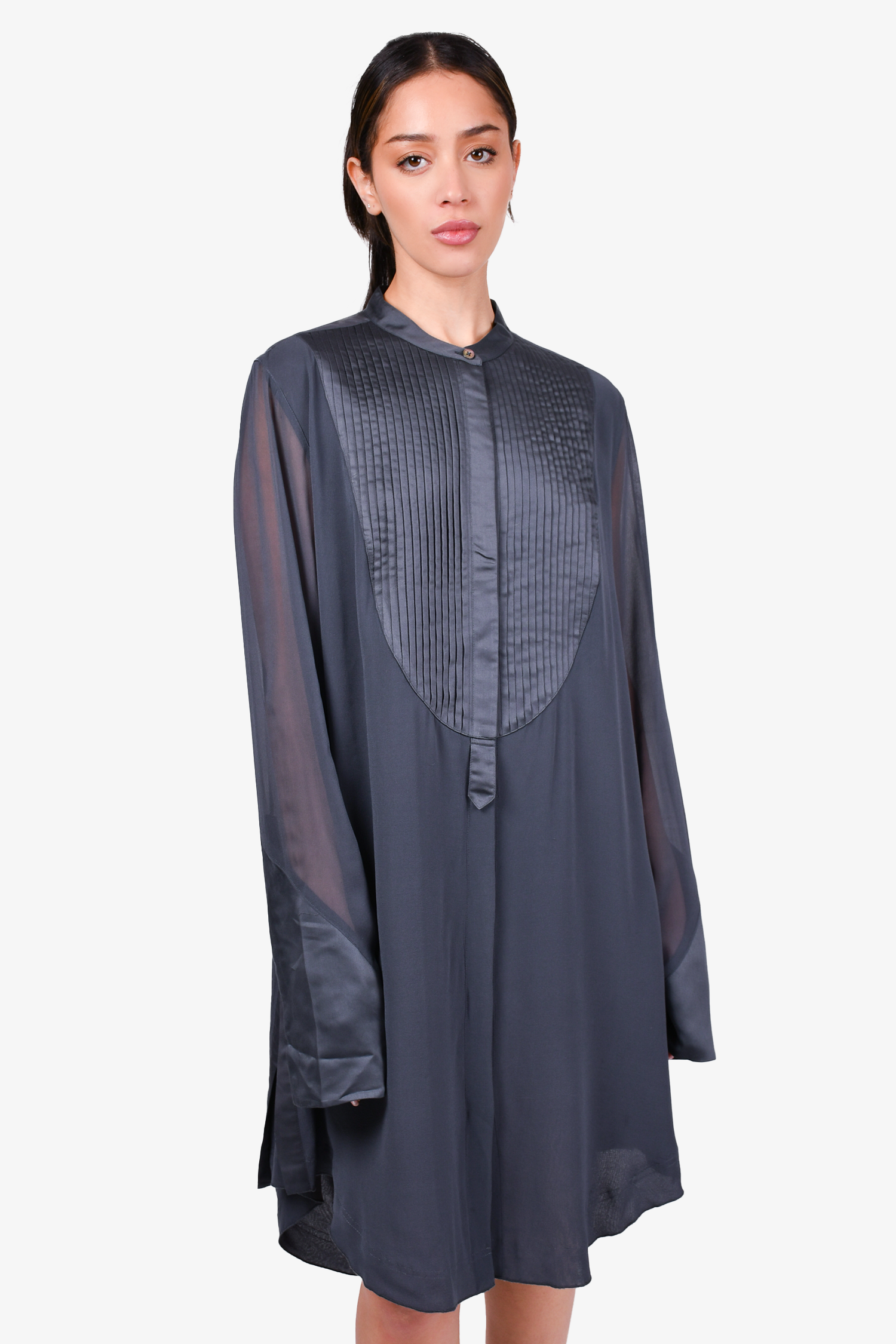 Donna Karan Grey Pleated Front Shirt Dress Size 12