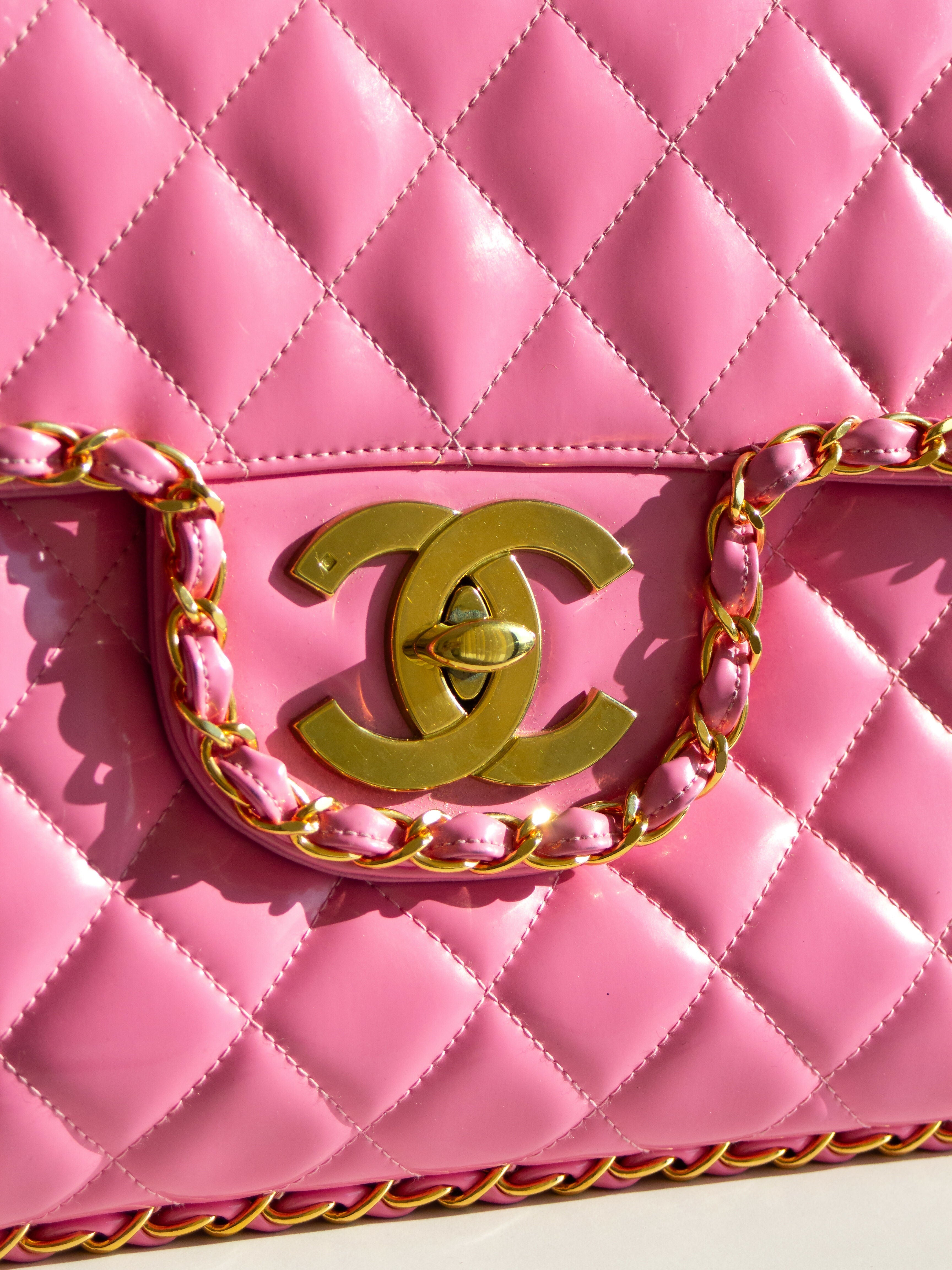 Chanel Vintage S/S1995 Barbie Pink 24K Gold Chain Around Patent Lambskin Jumbo XL 95P Bag