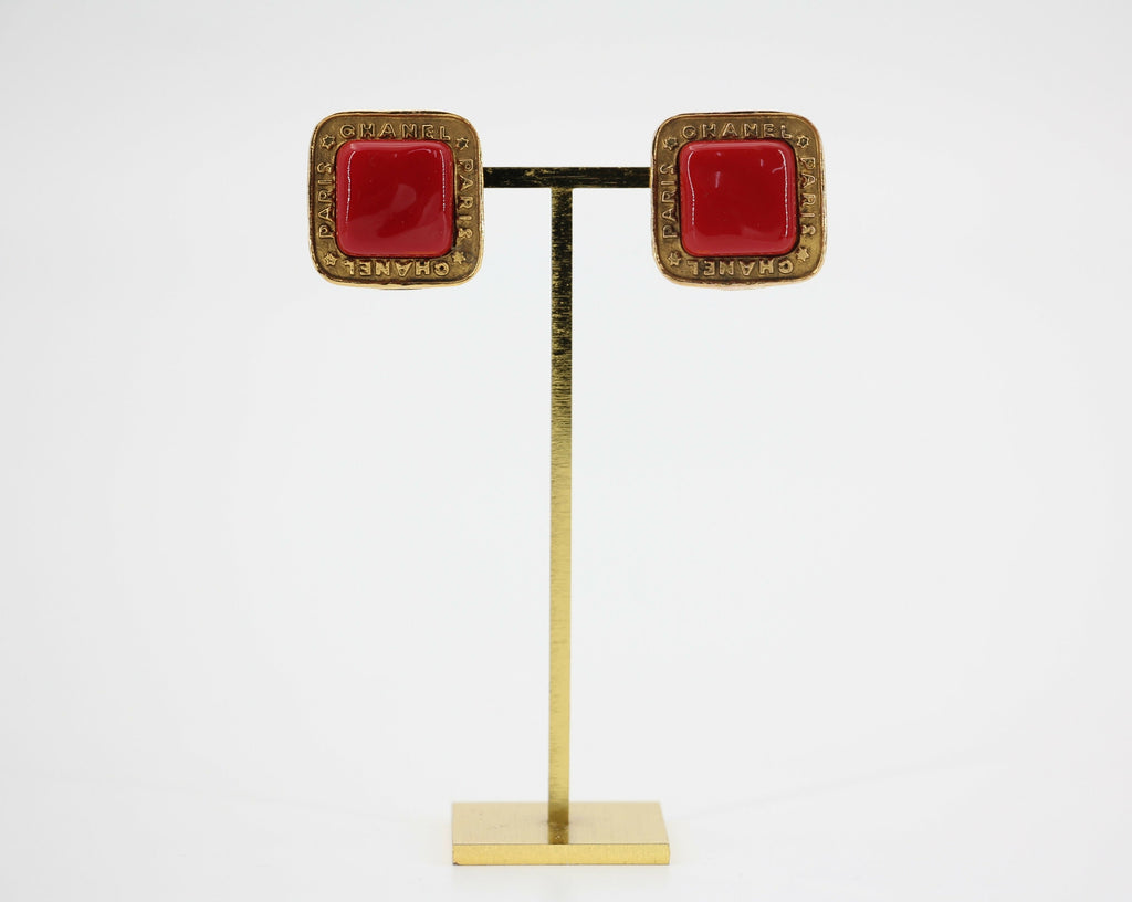Chanel Vintage 1886-92 Gold-plated Large Red Square Clip-on Earrings